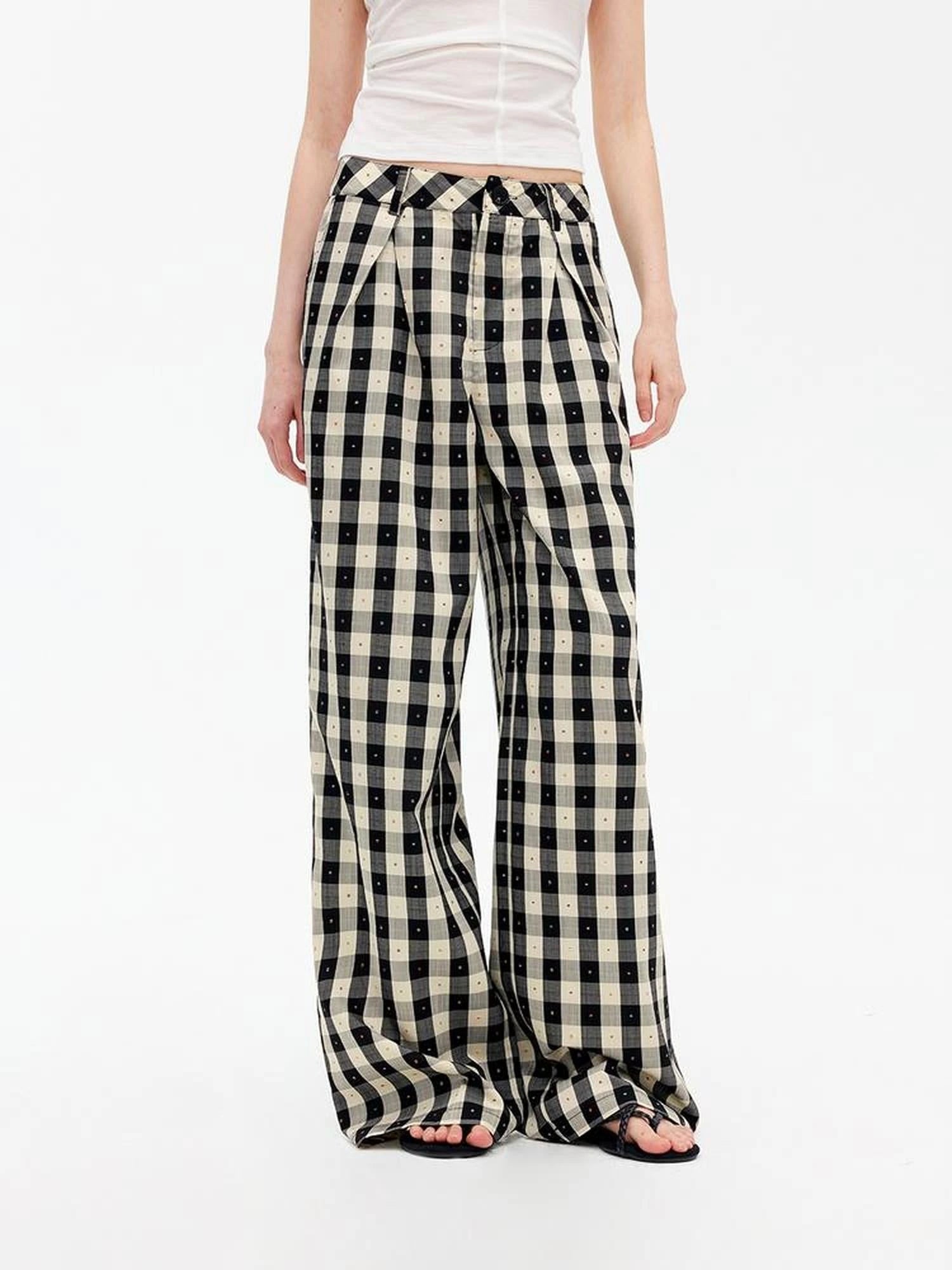 Textured Grid Tencel Acetate Straight Leg Pants With Embroidery