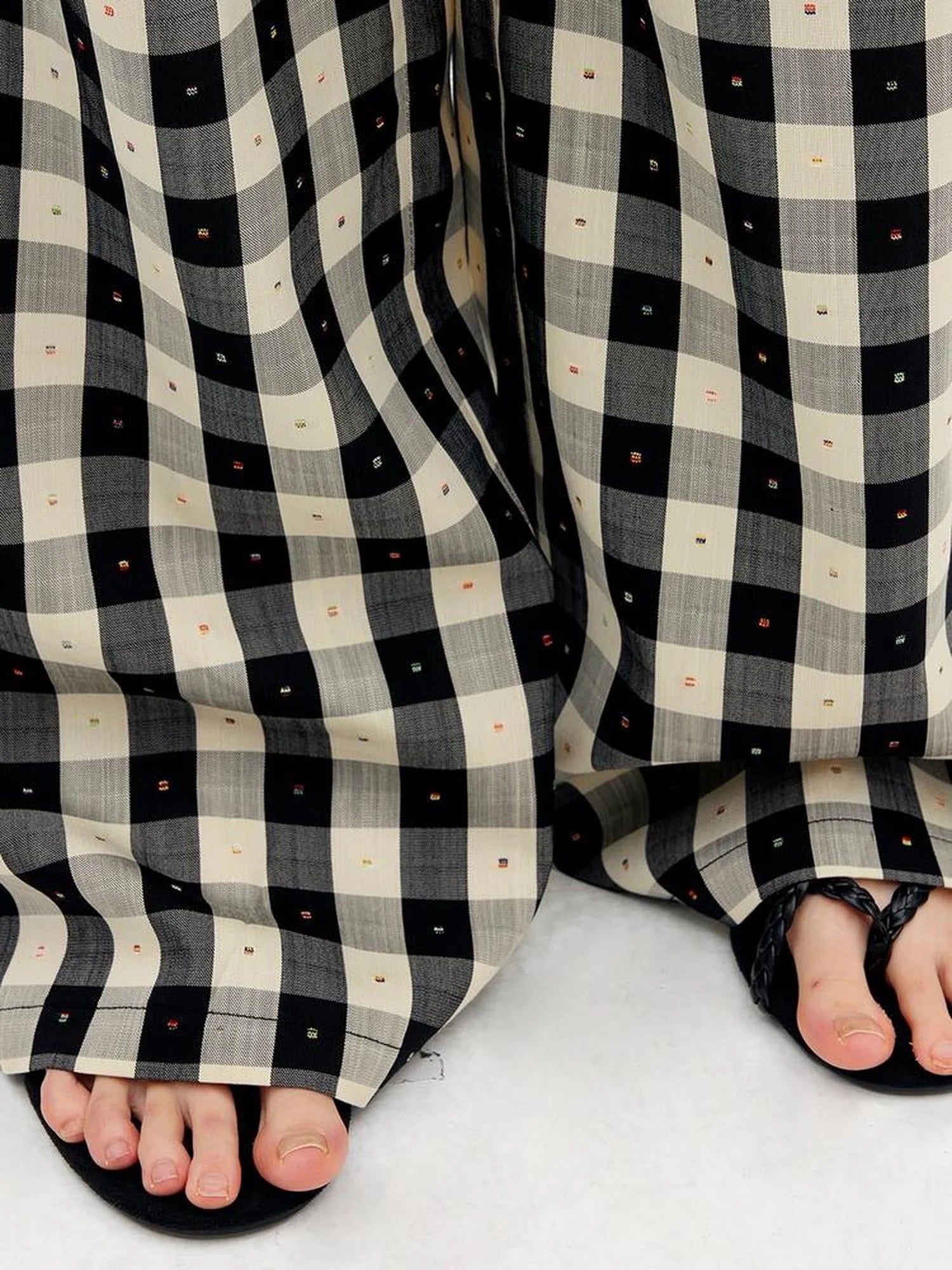 Textured Grid Tencel Acetate Straight Leg Pants With Embroidery