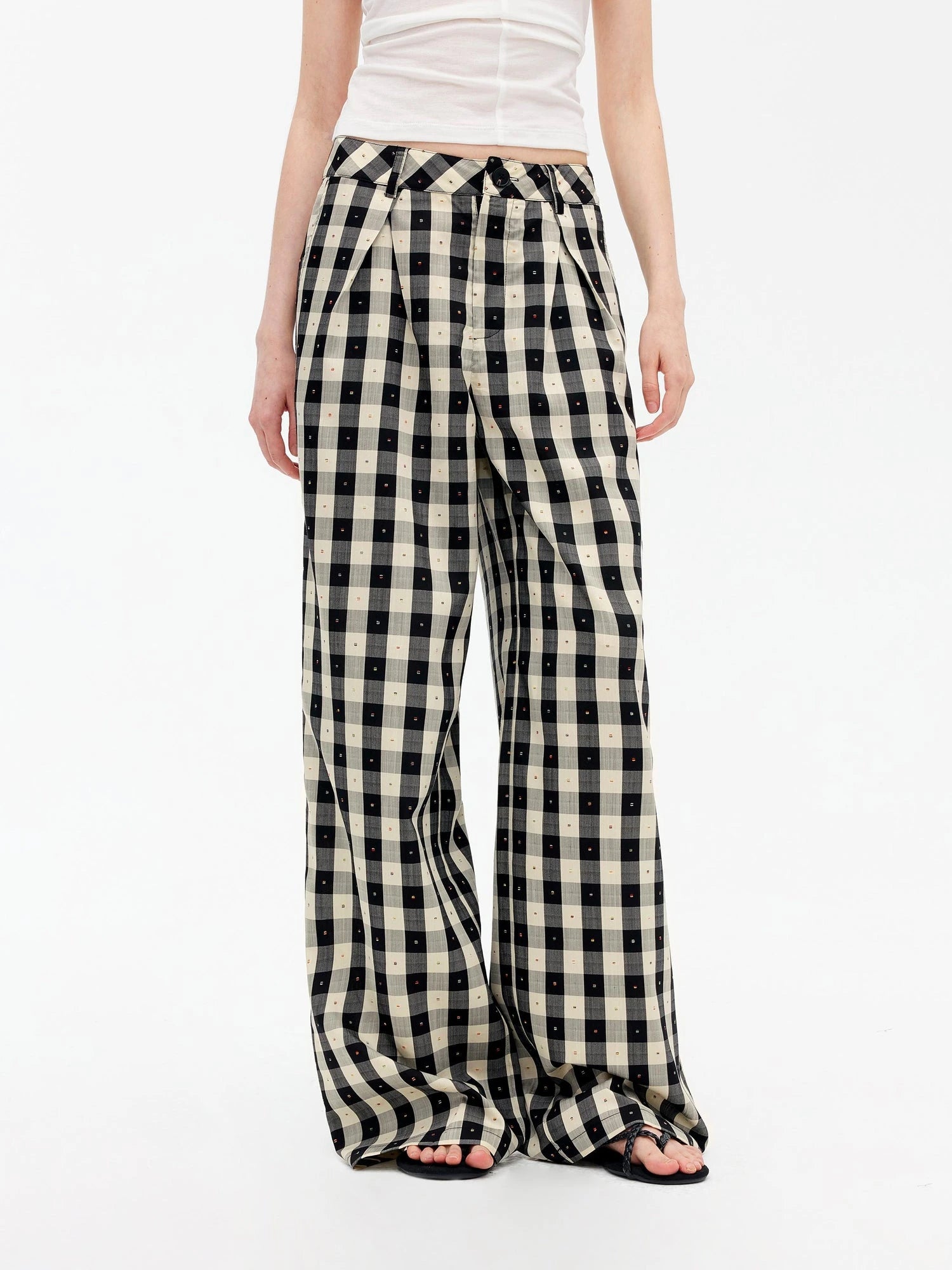 Textured Grid Tencel Acetate Straight Leg Pants With Embroidery
