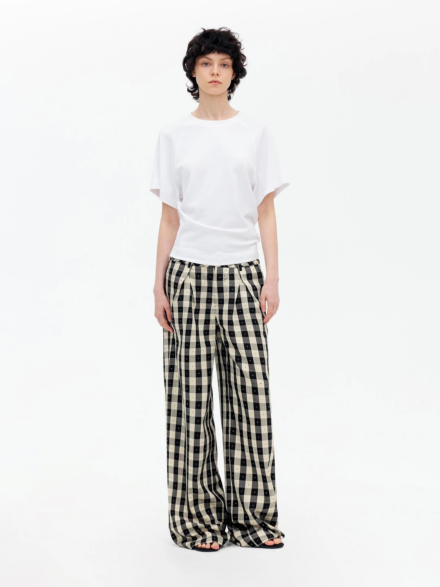 Textured Grid Tencel Acetate Straight Leg Pants With Embroidery