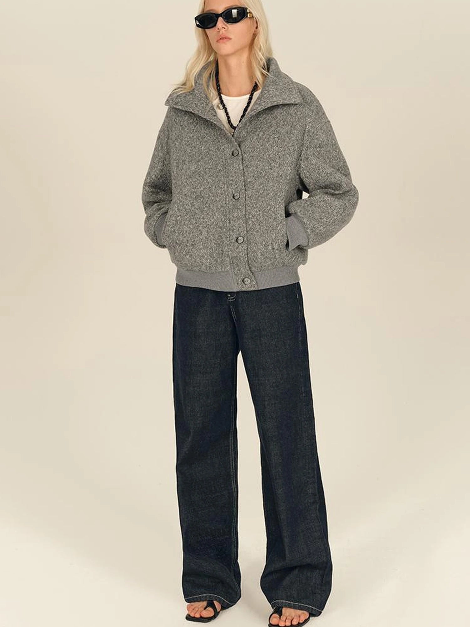 Textured Knit Button Placket Stand Collar Padded Jacket