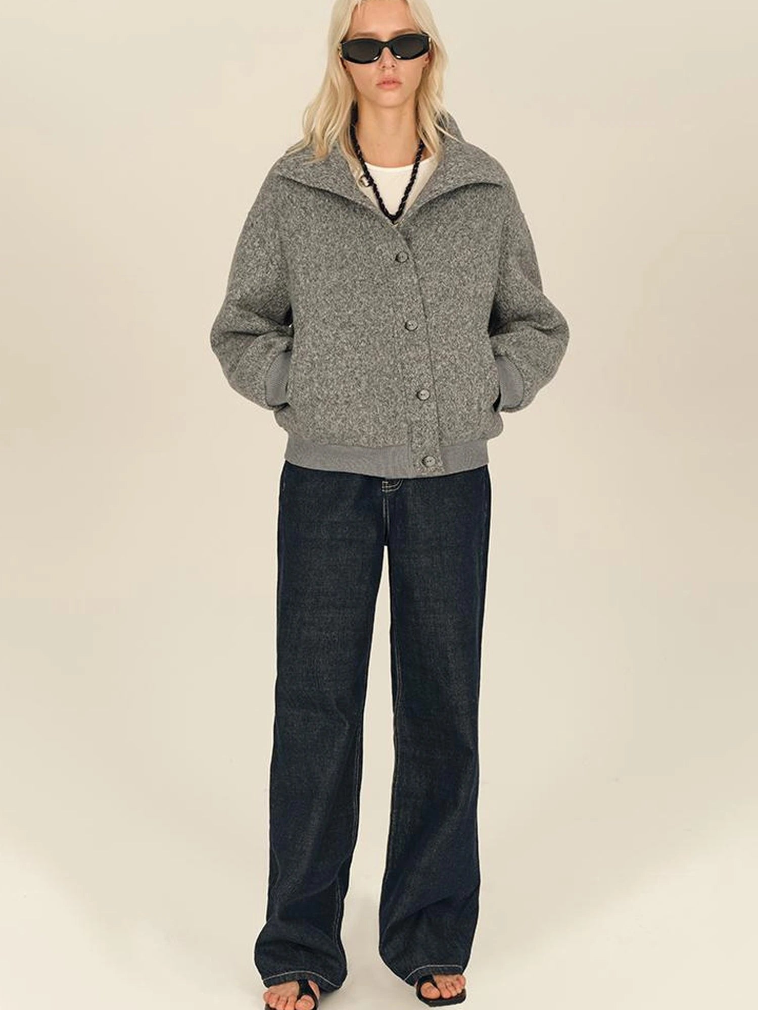 Textured Knit Button Placket Stand Collar Padded Jacket