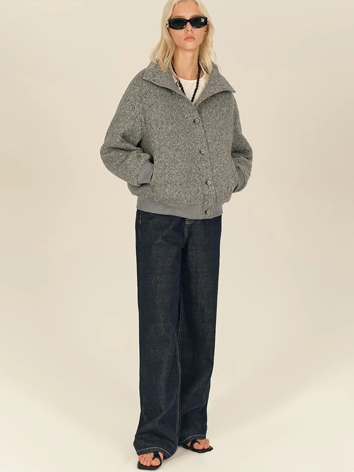 Textured Knit Button Placket Stand Collar Padded Jacket