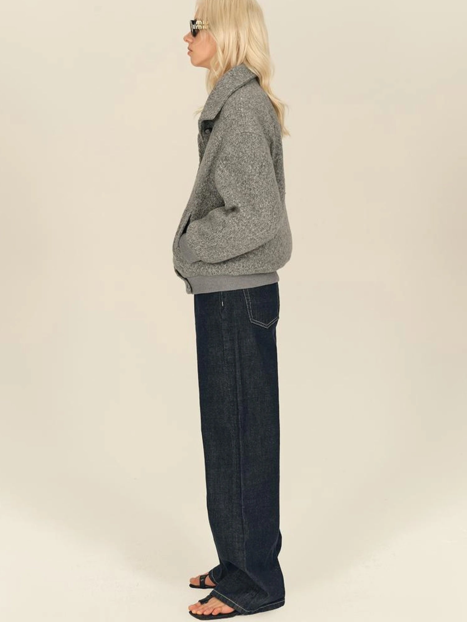 Textured Knit Button Placket Stand Collar Padded Jacket