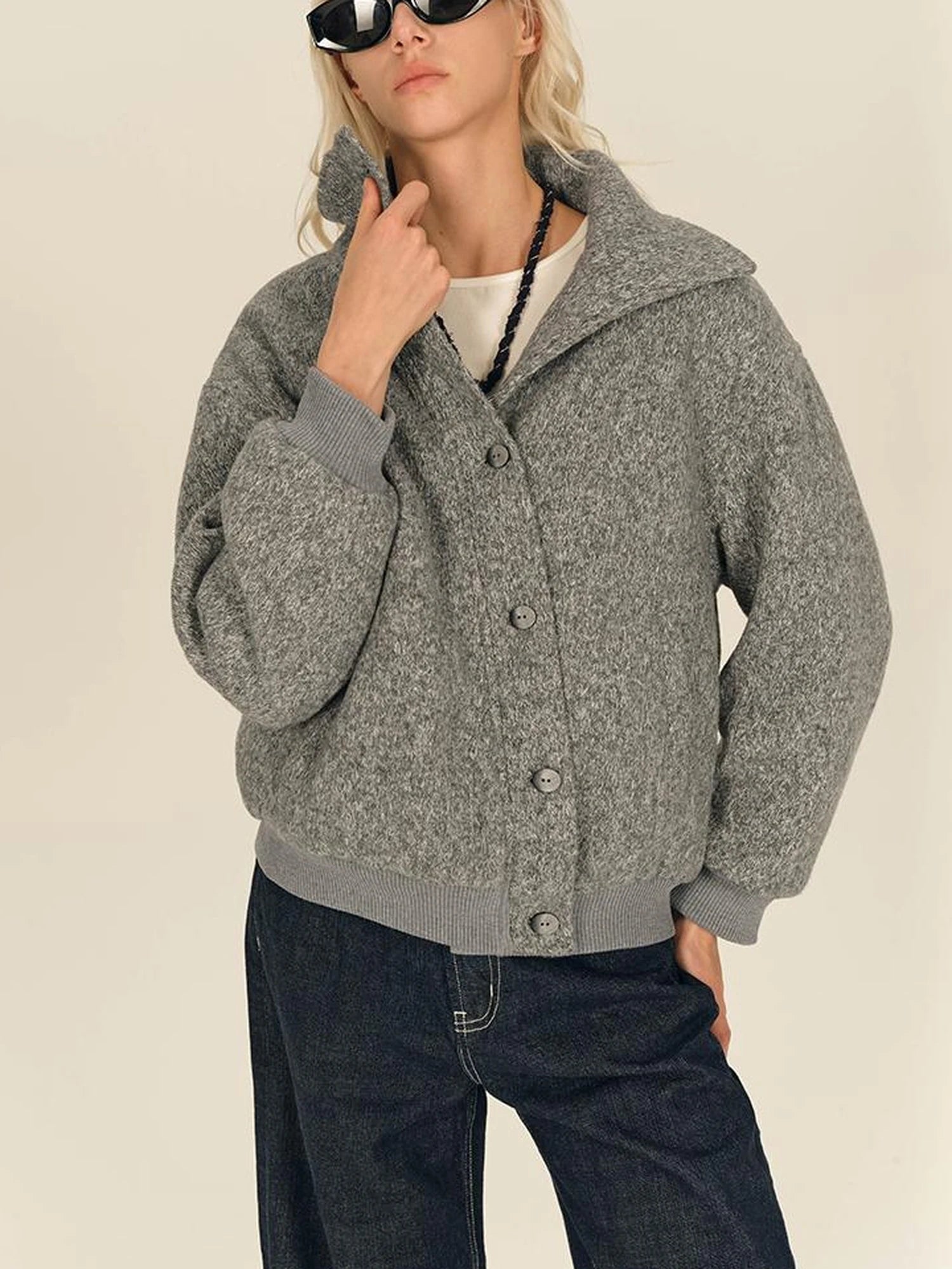 Textured Knit Button Placket Stand Collar Padded Jacket