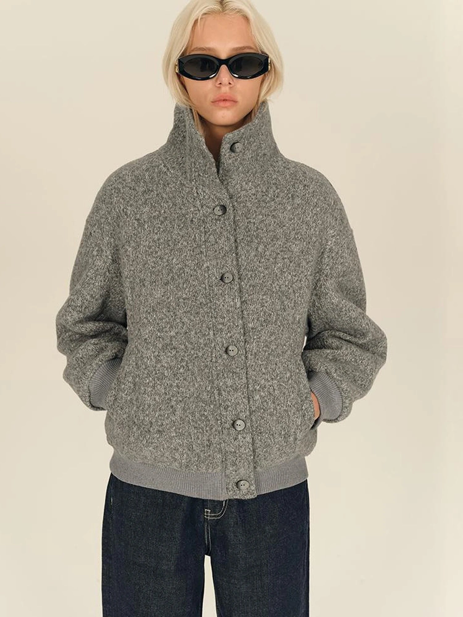 Textured Knit Button Placket Stand Collar Padded Jacket