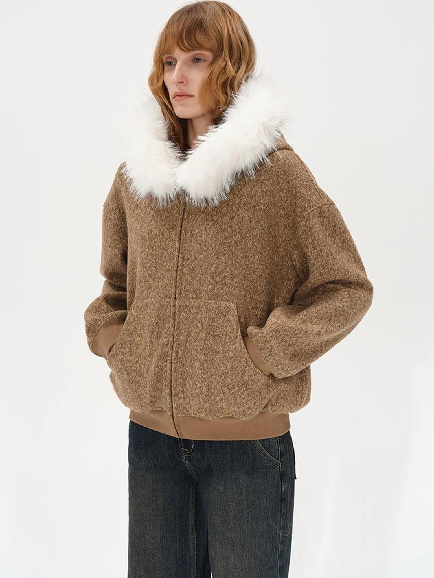 Textured Knitted Detachable Faux Fur Zip Up Quilted Jacket
