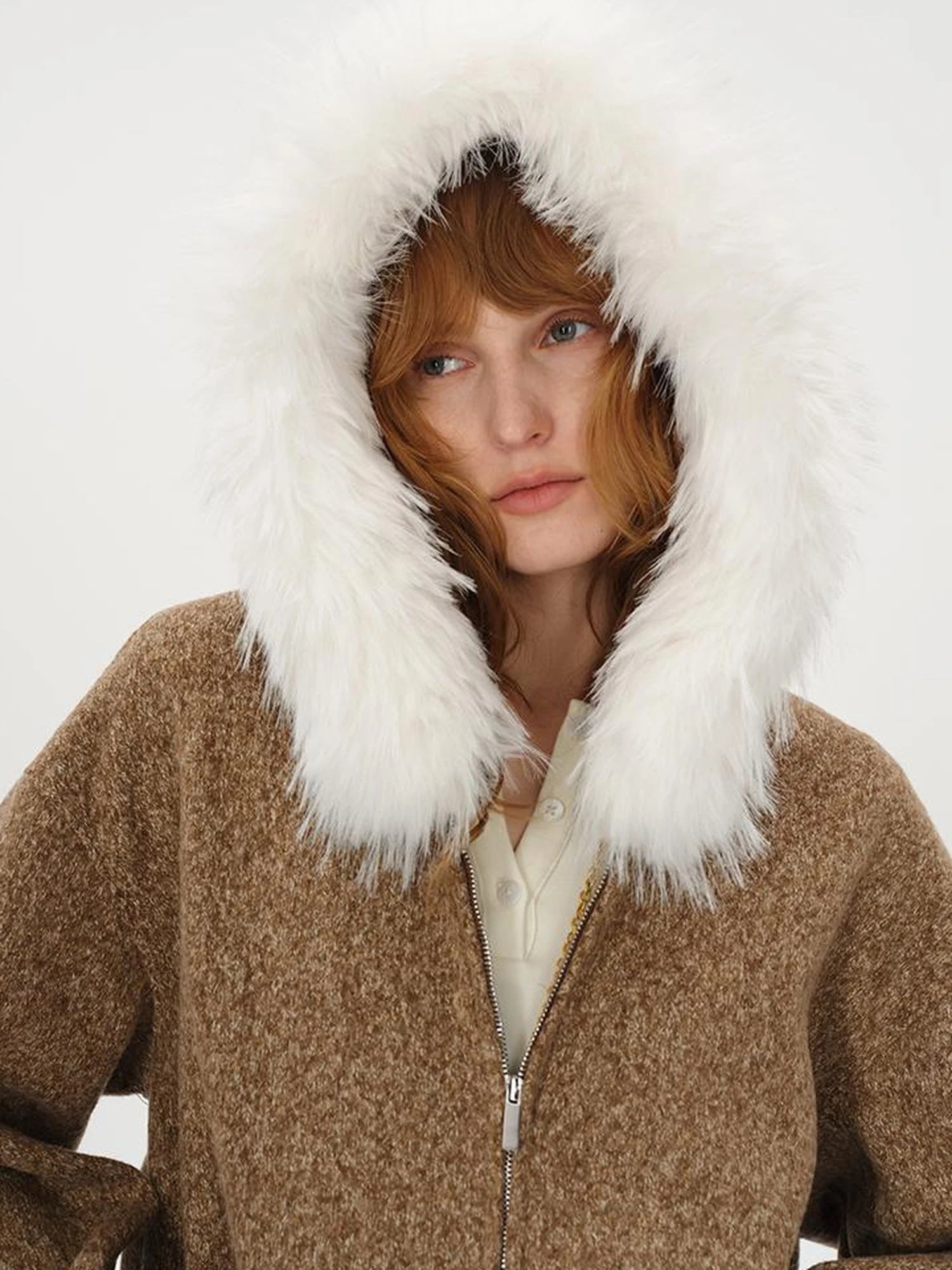 Textured Knitted Detachable Faux Fur Zip Up Quilted Jacket