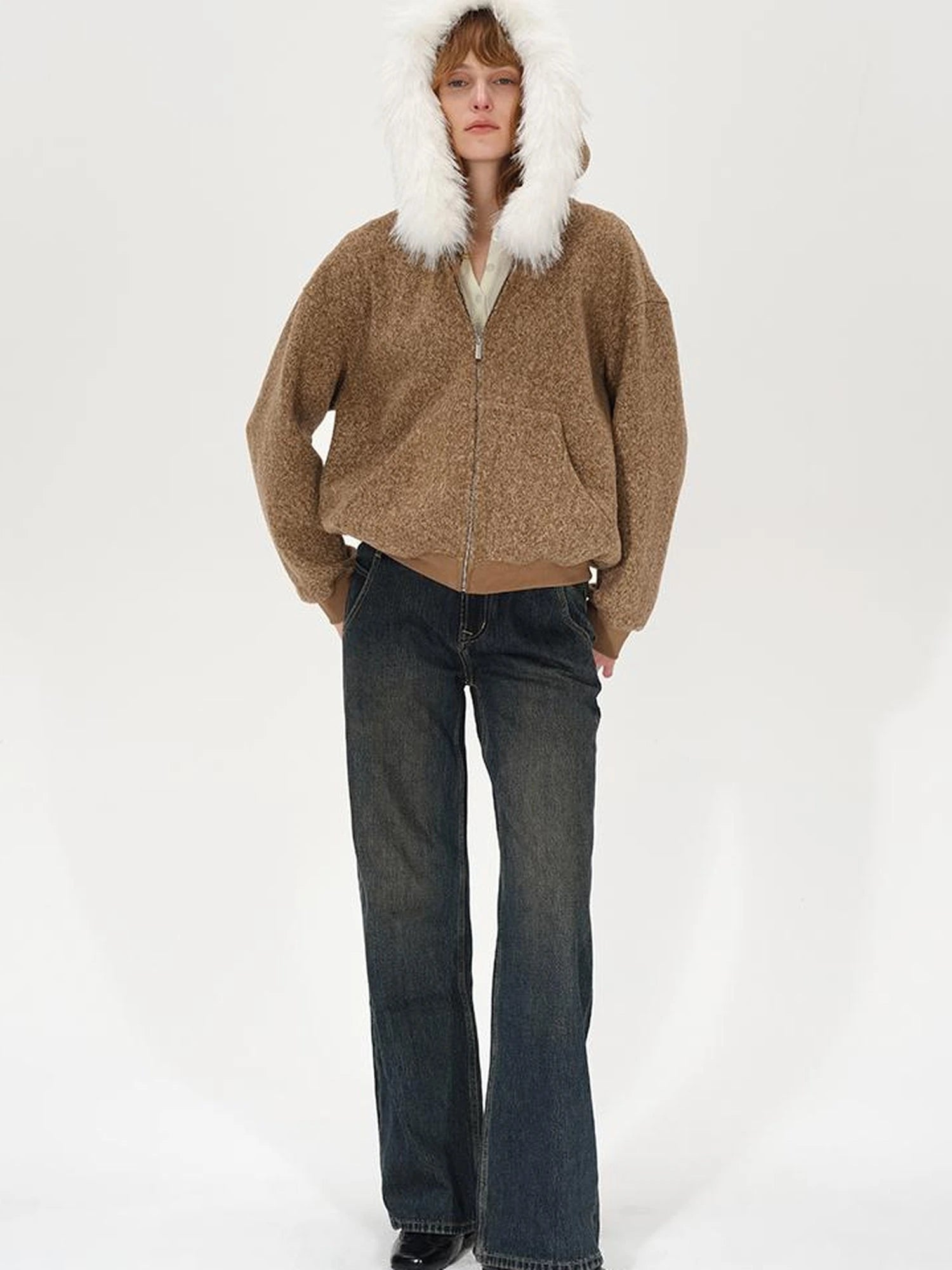 Textured Knitted Detachable Faux Fur Zip Up Quilted Jacket