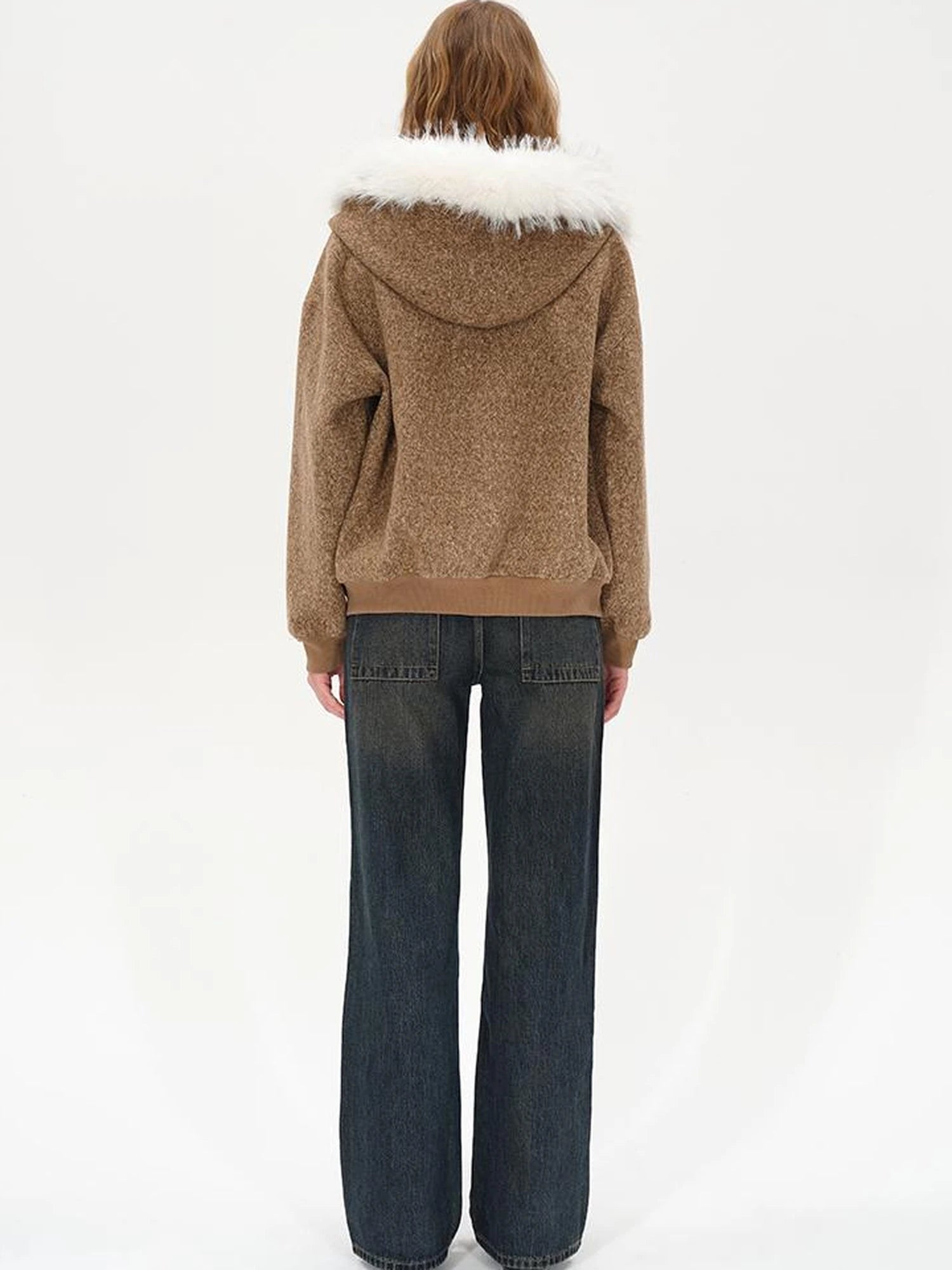 Textured Knitted Detachable Faux Fur Zip Up Quilted Jacket