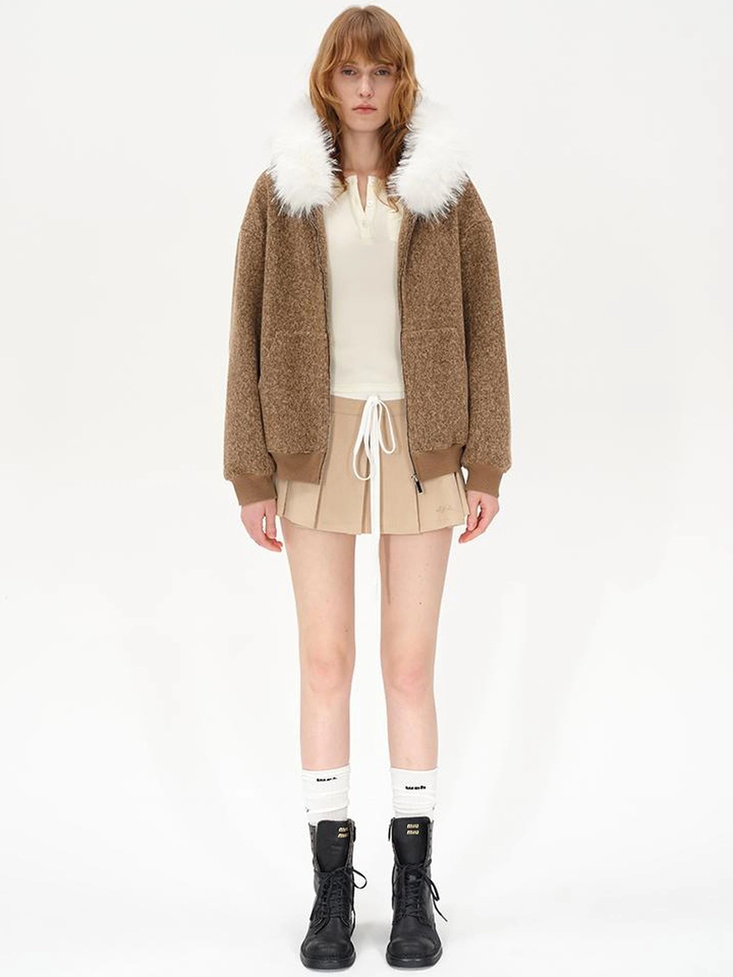 Textured Knitted Detachable Faux Fur Zip Up Quilted Jacket