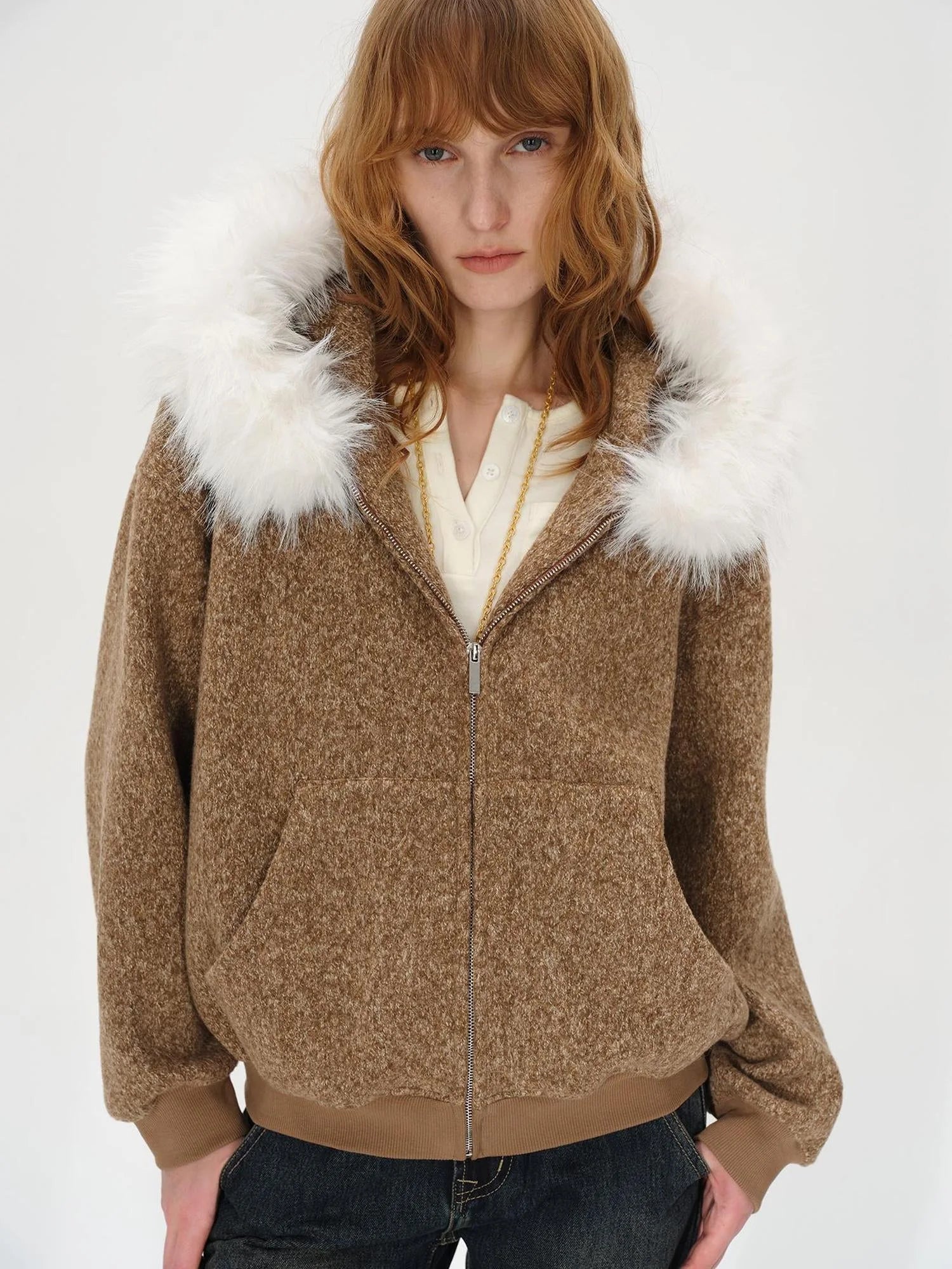 Textured Knitted Detachable Faux Fur Zip Up Quilted Jacket