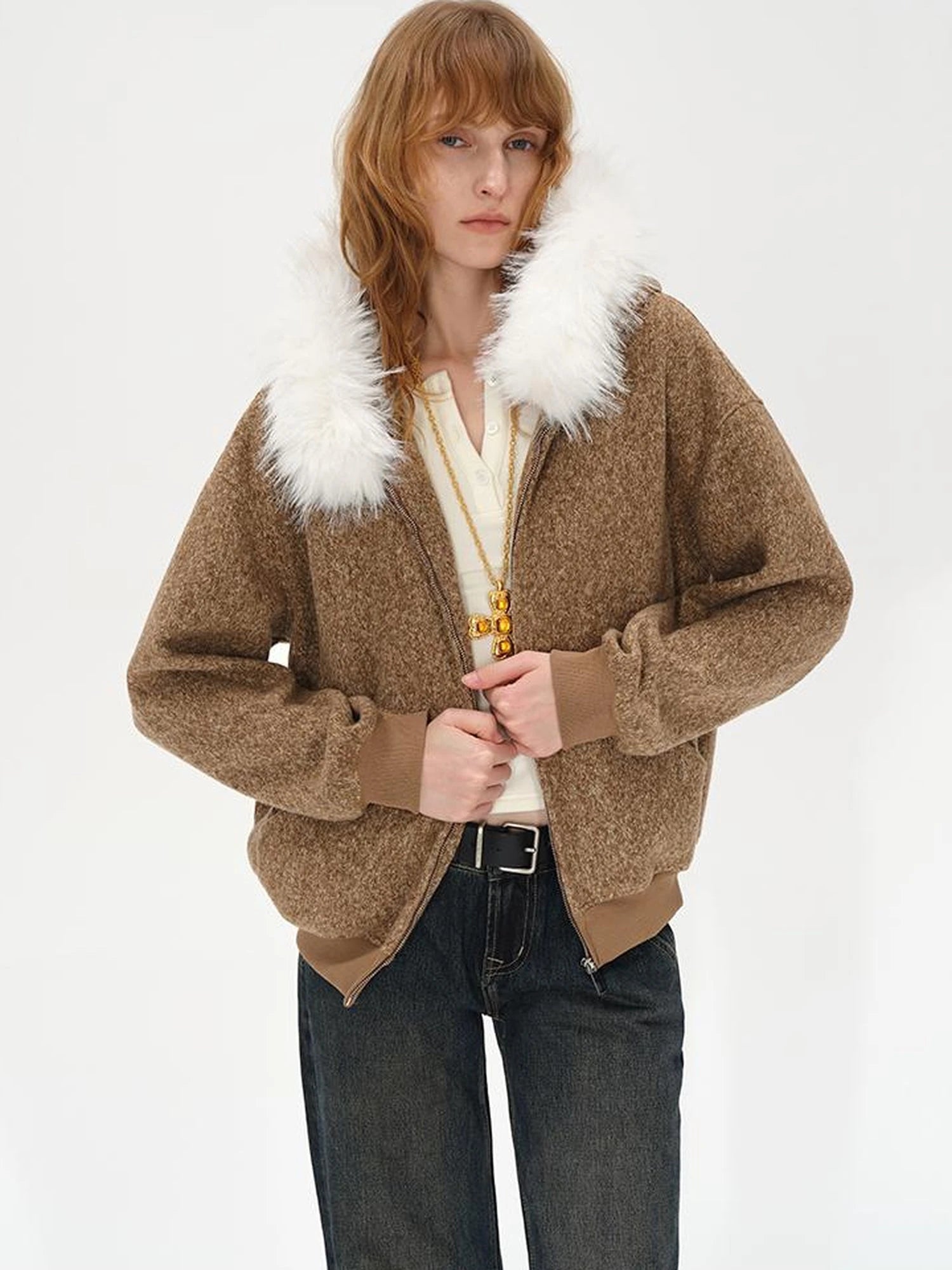 Textured Knitted Detachable Faux Fur Zip Up Quilted Jacket