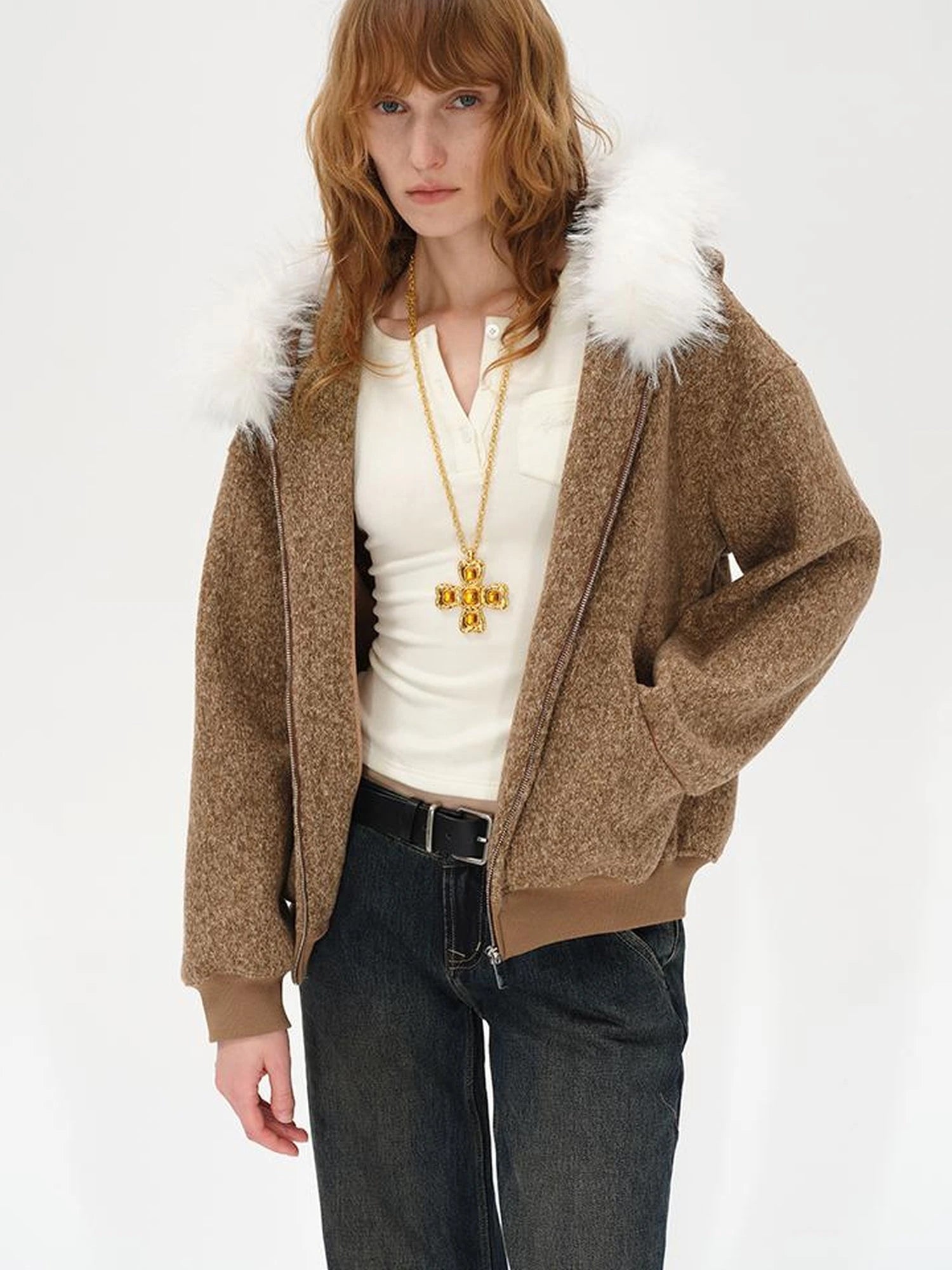 Textured Knitted Detachable Faux Fur Zip Up Quilted Jacket