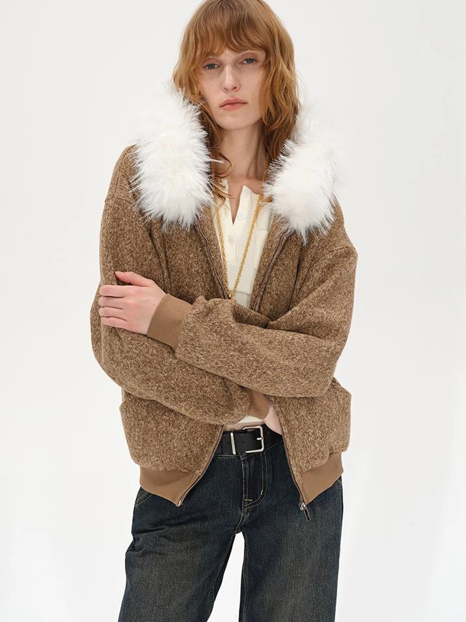 Textured Knitted Detachable Faux Fur Zip Up Quilted Jacket