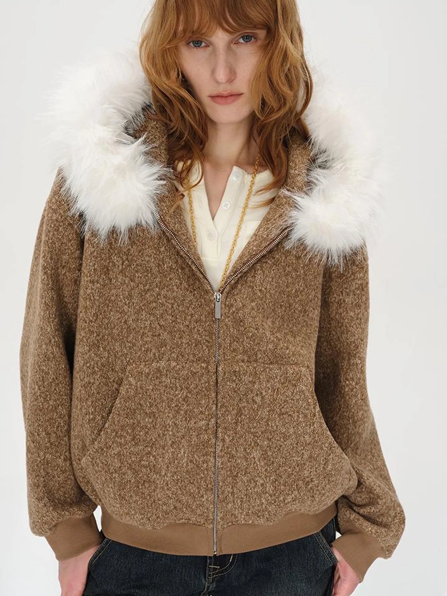Textured Knitted Detachable Faux Fur Zip Up Quilted Jacket