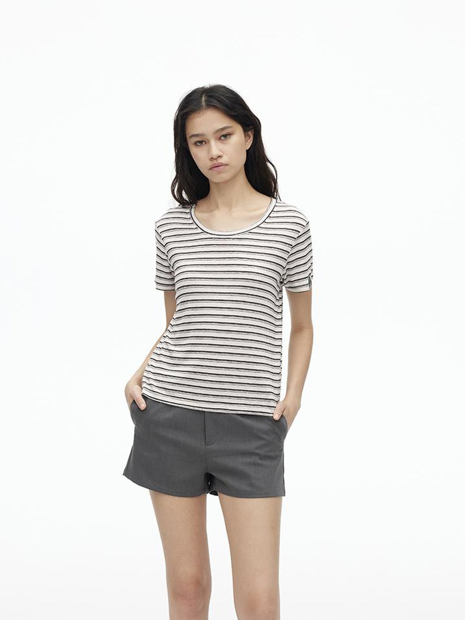 AFTADAWN Textured Linen Cotton Blend Striped Crewneck Tee