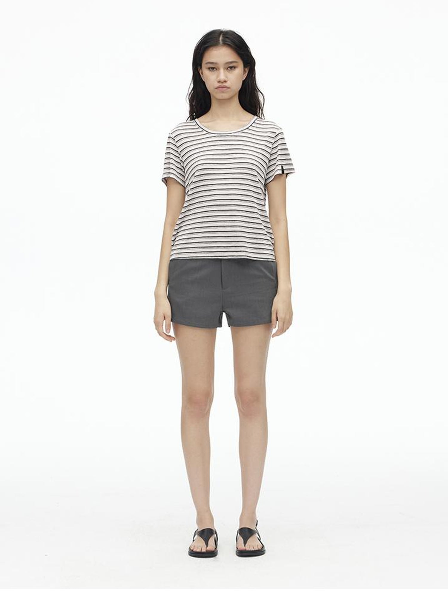 AFTADAWN Textured Linen Cotton Blend Striped Crewneck Tee