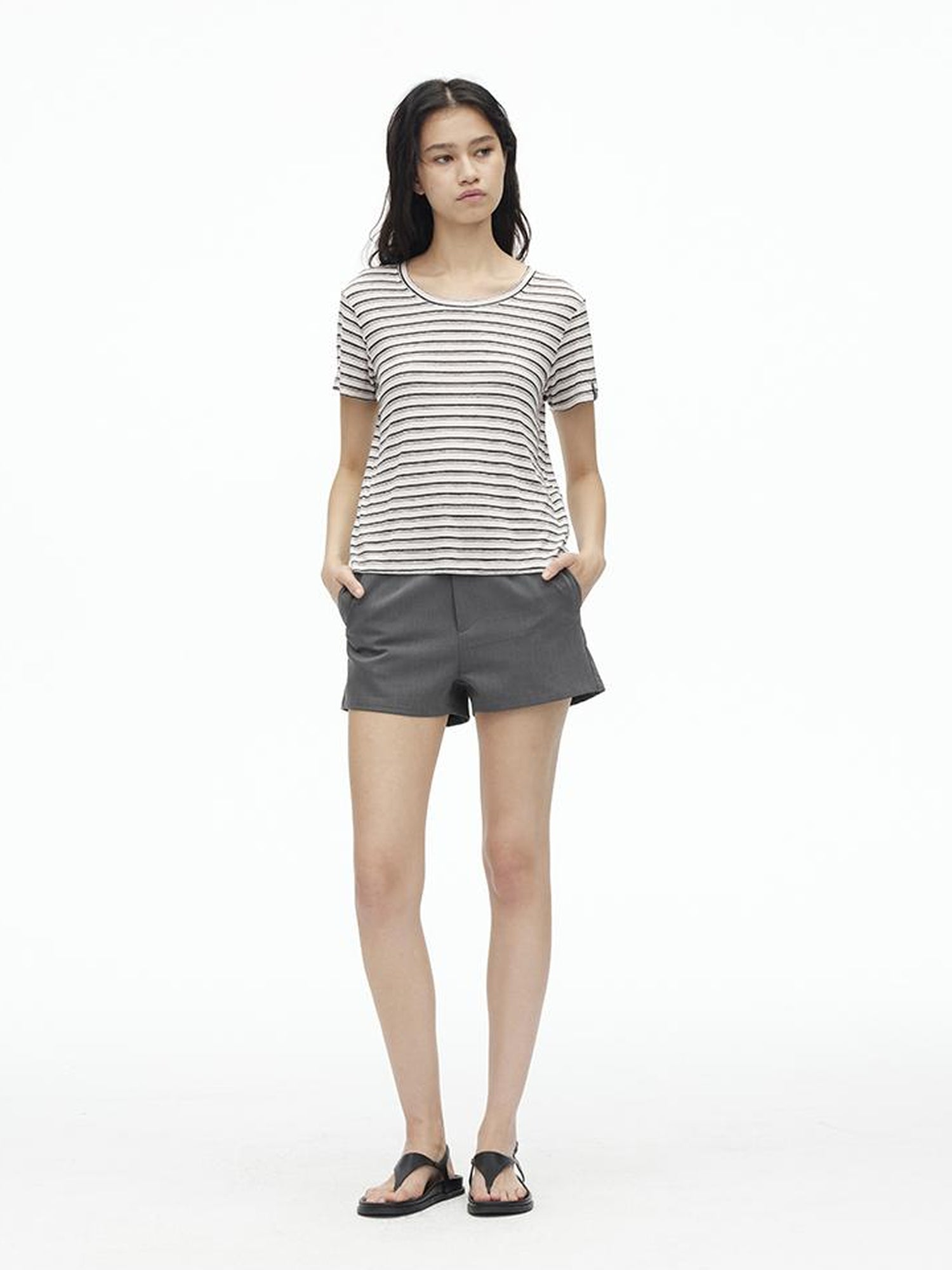 AFTADAWN Textured Linen Cotton Blend Striped Crewneck Tee