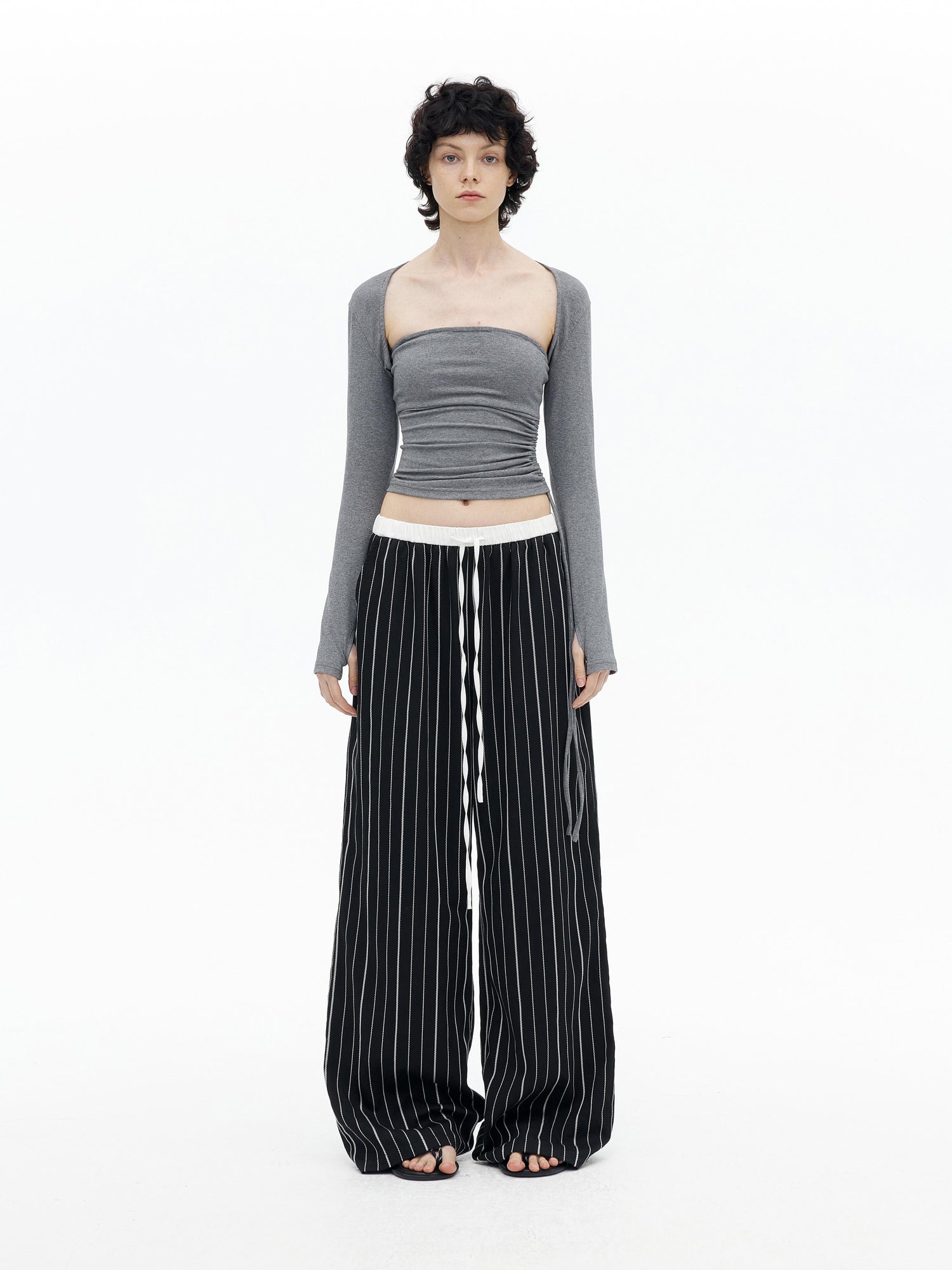 AFTADAWN Textured Lycel Wide Leg Pants With Contrast Waistband