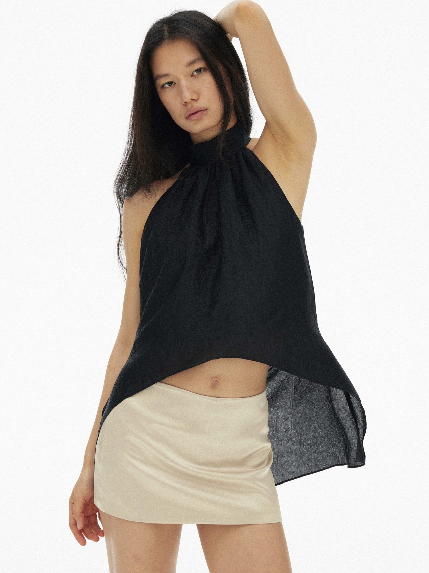 AFTADAWN Textured Mesh A Line High Neck Irregular Hem Women&
