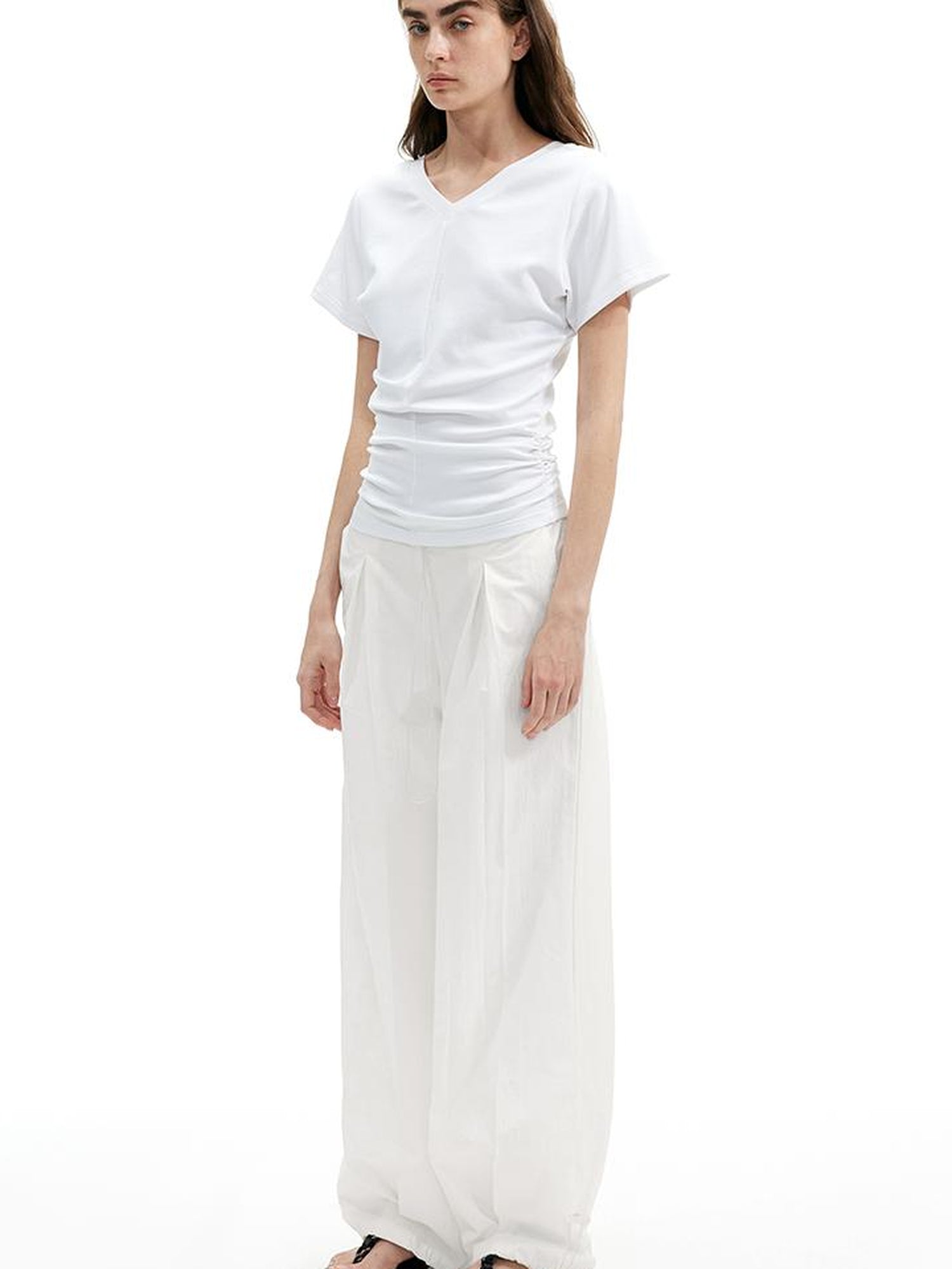 AFTADAWN Textured Pleat White Wide Leg Trousers