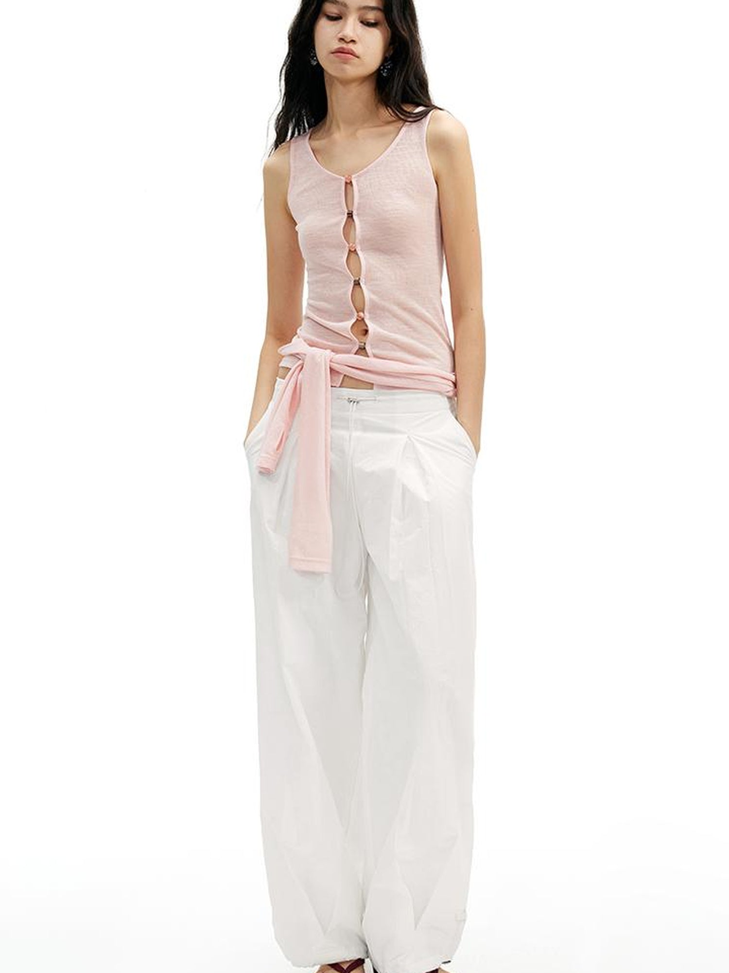 AFTADAWN Textured Pleat White Wide Leg Trousers
