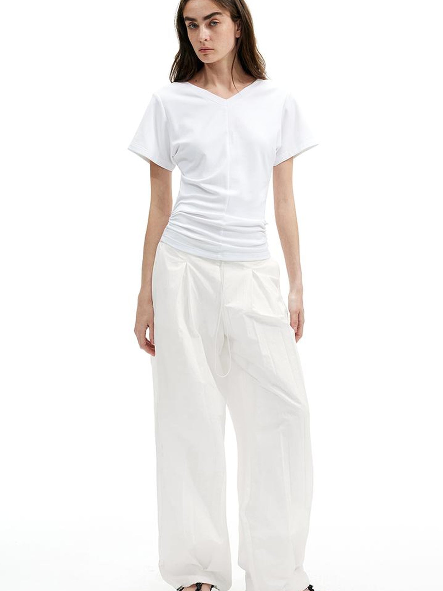 AFTADAWN Textured Pleat White Wide Leg Trousers