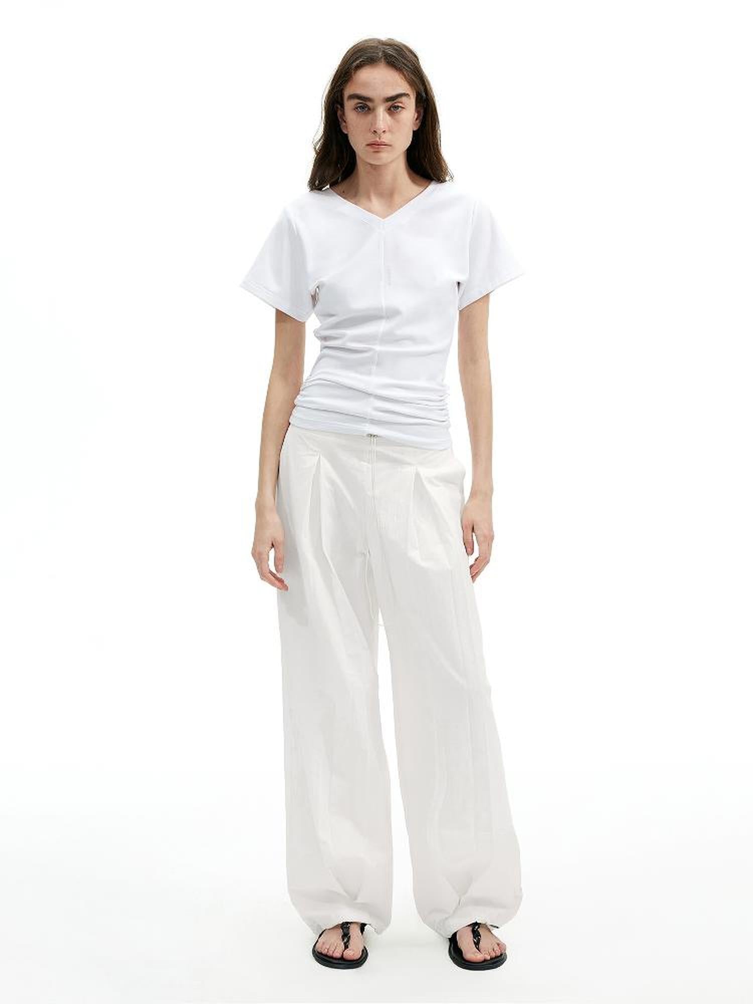 AFTADAWN Textured Pleat White Wide Leg Trousers