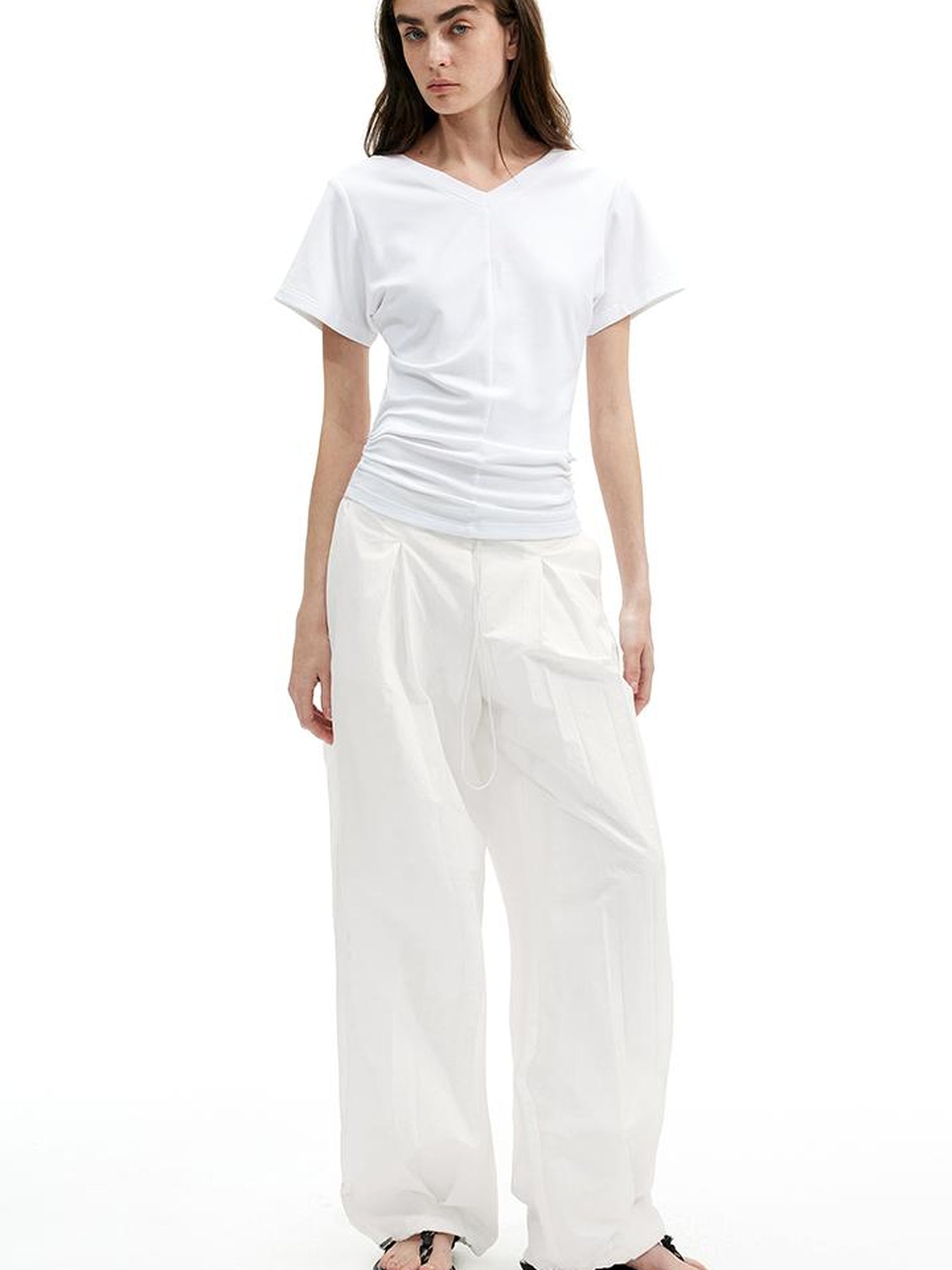 AFTADAWN Textured Pleat White Wide Leg Trousers