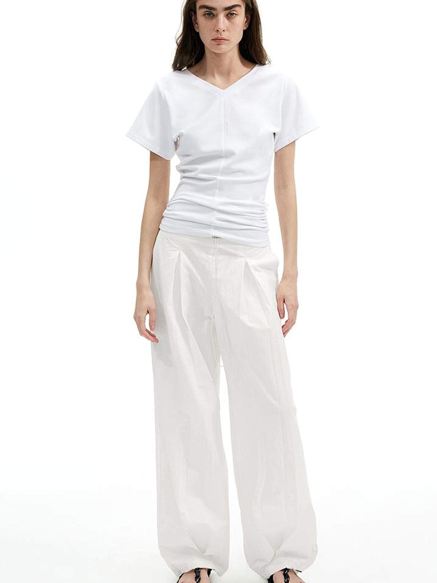AFTADAWN Textured Pleat White Wide Leg Trousers
