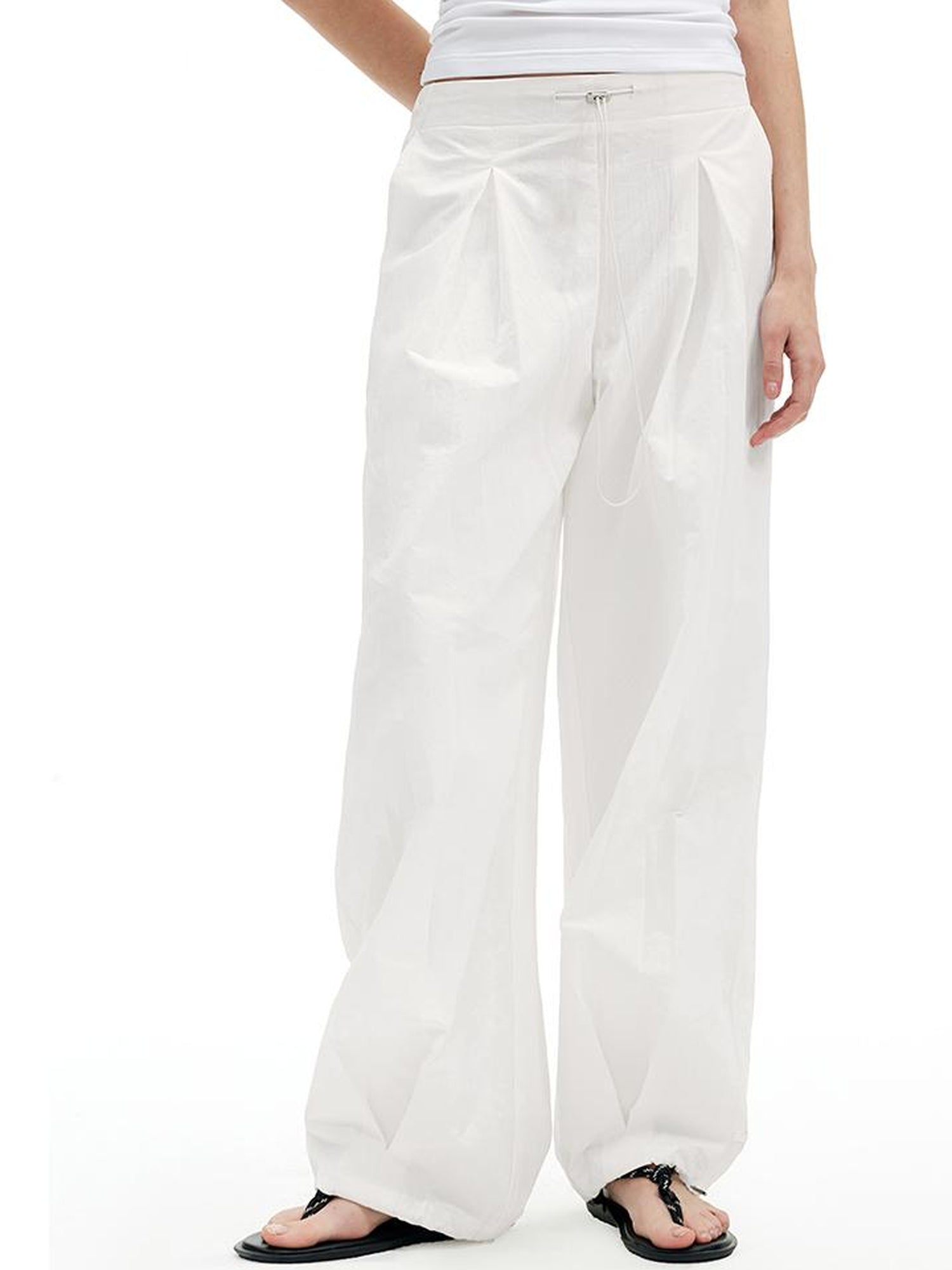 AFTADAWN Textured Pleat White Wide Leg Trousers
