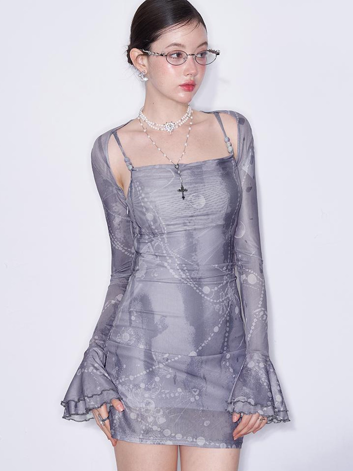 AFTADAWN Textured Print Elastic Mesh Slip Dress With Long Sleeve Overshirt Set