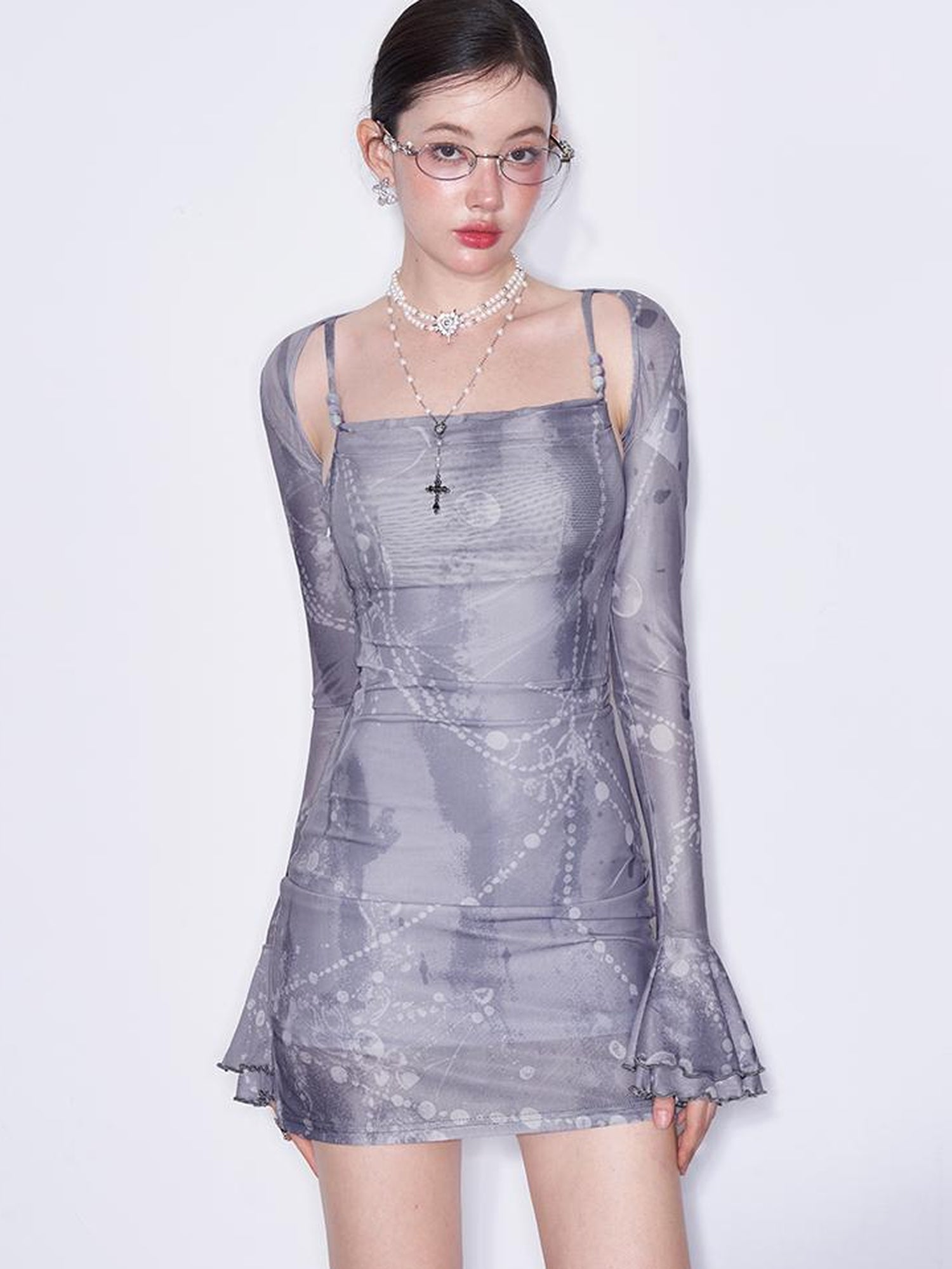 AFTADAWN Textured Print Elastic Mesh Slip Dress With Long Sleeve Overshirt Set