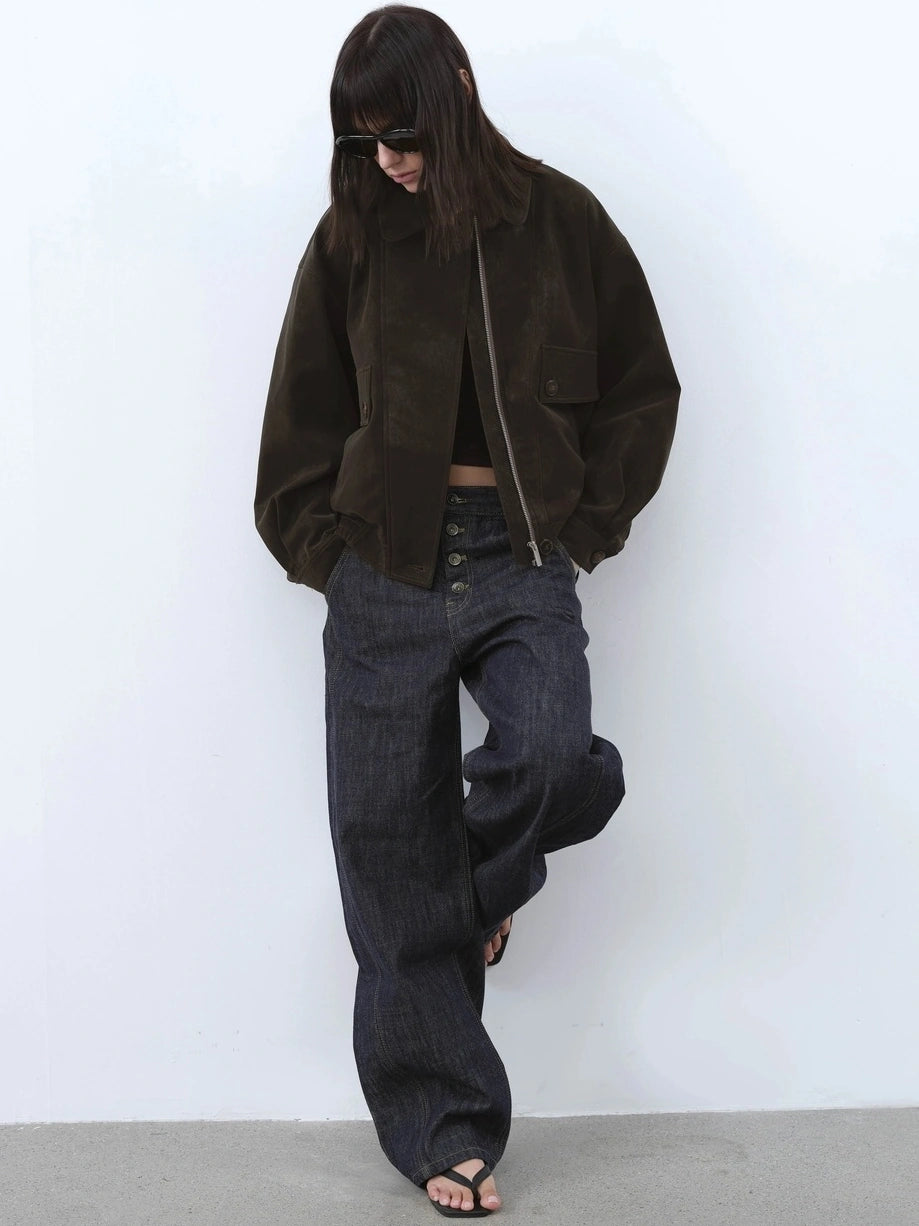 AFTADAWN Textured Pu Leather Asymmetric Zip Short Jacket Jacket