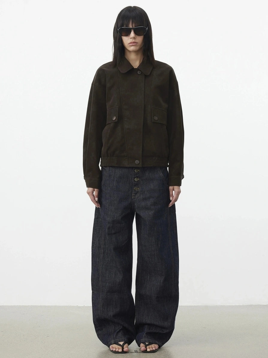 AFTADAWN Textured Pu Leather Asymmetric Zip Short Jacket Jacket