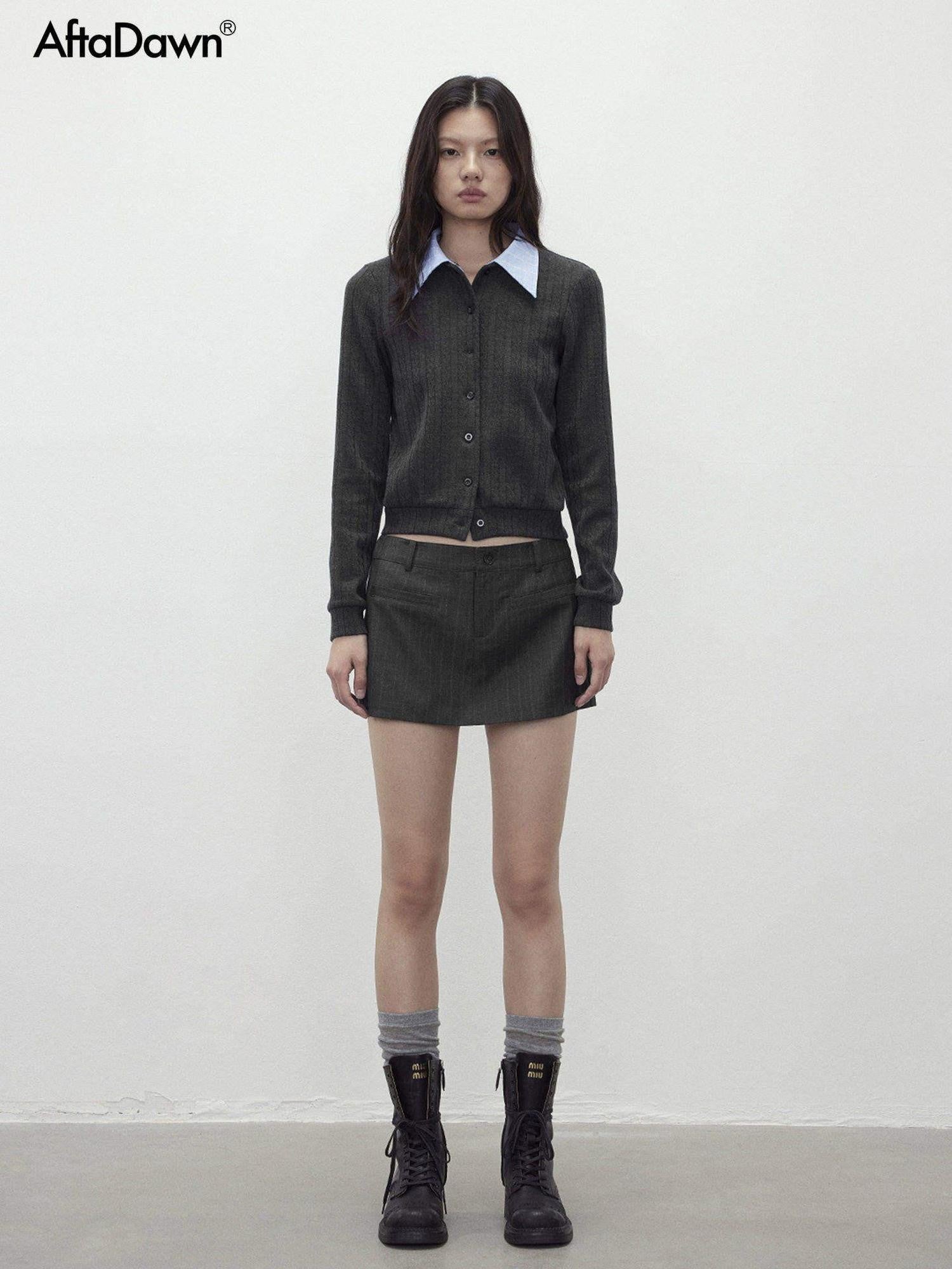 AFTADAWN Textured Removable Polo Collar Single Row Buttons Women&