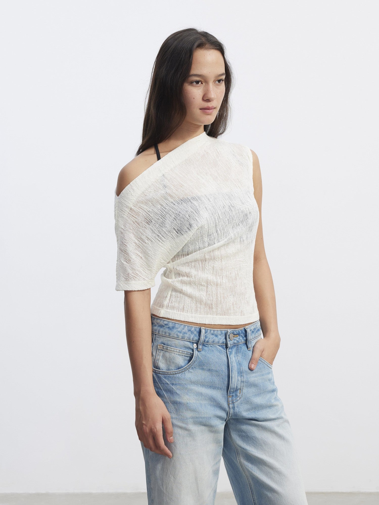 AFTADAWN Textured Sheer Asymmetrical One Shoulder Women&