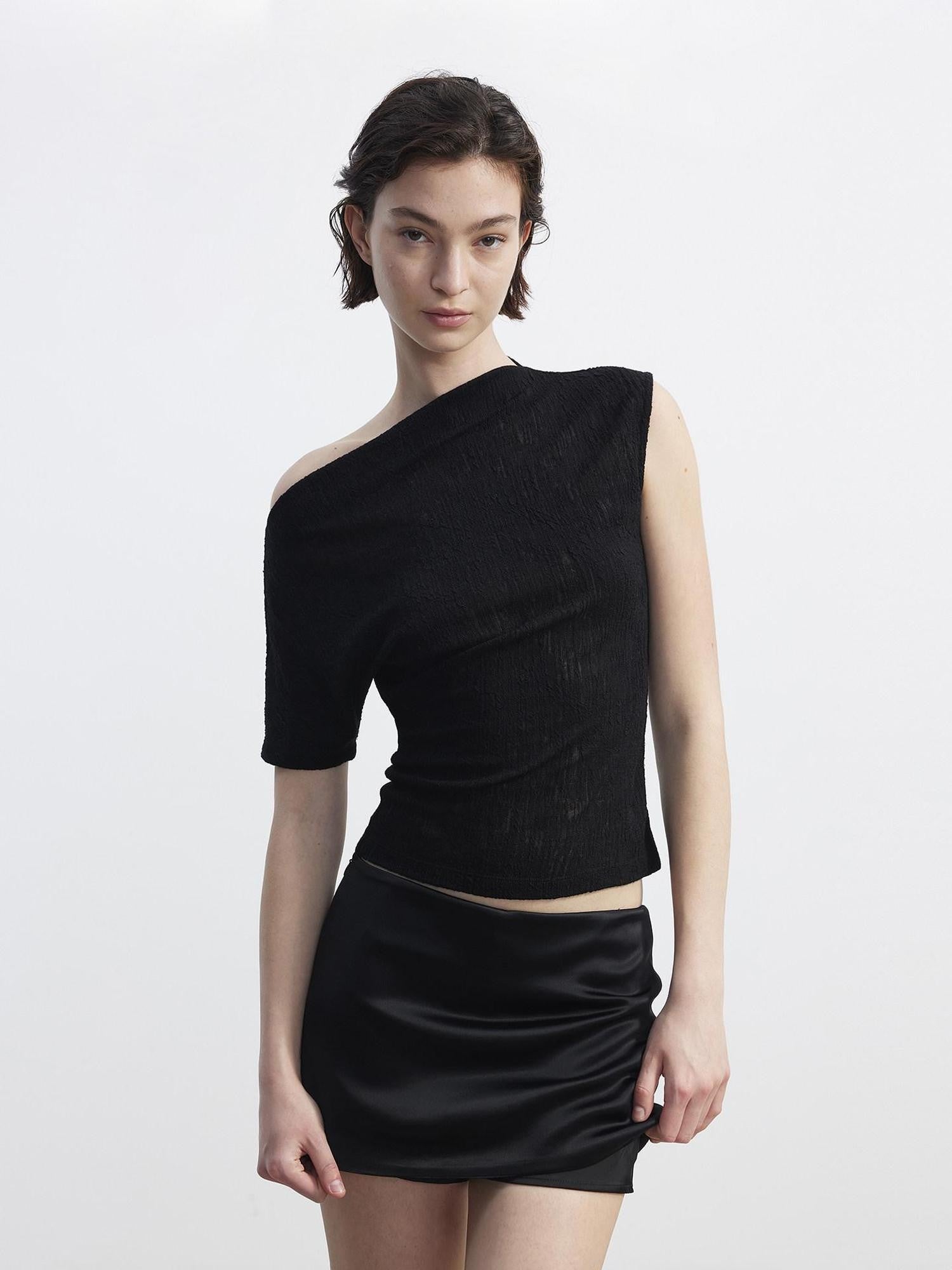 AFTADAWN Textured Sheer Asymmetrical One Shoulder Women&