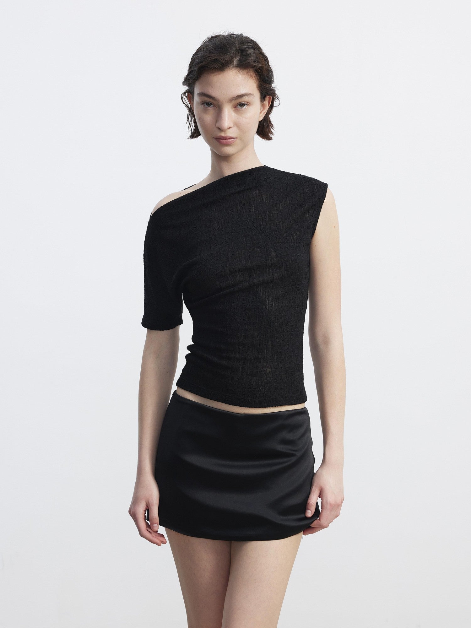 AFTADAWN Textured Sheer Asymmetrical One Shoulder Women&