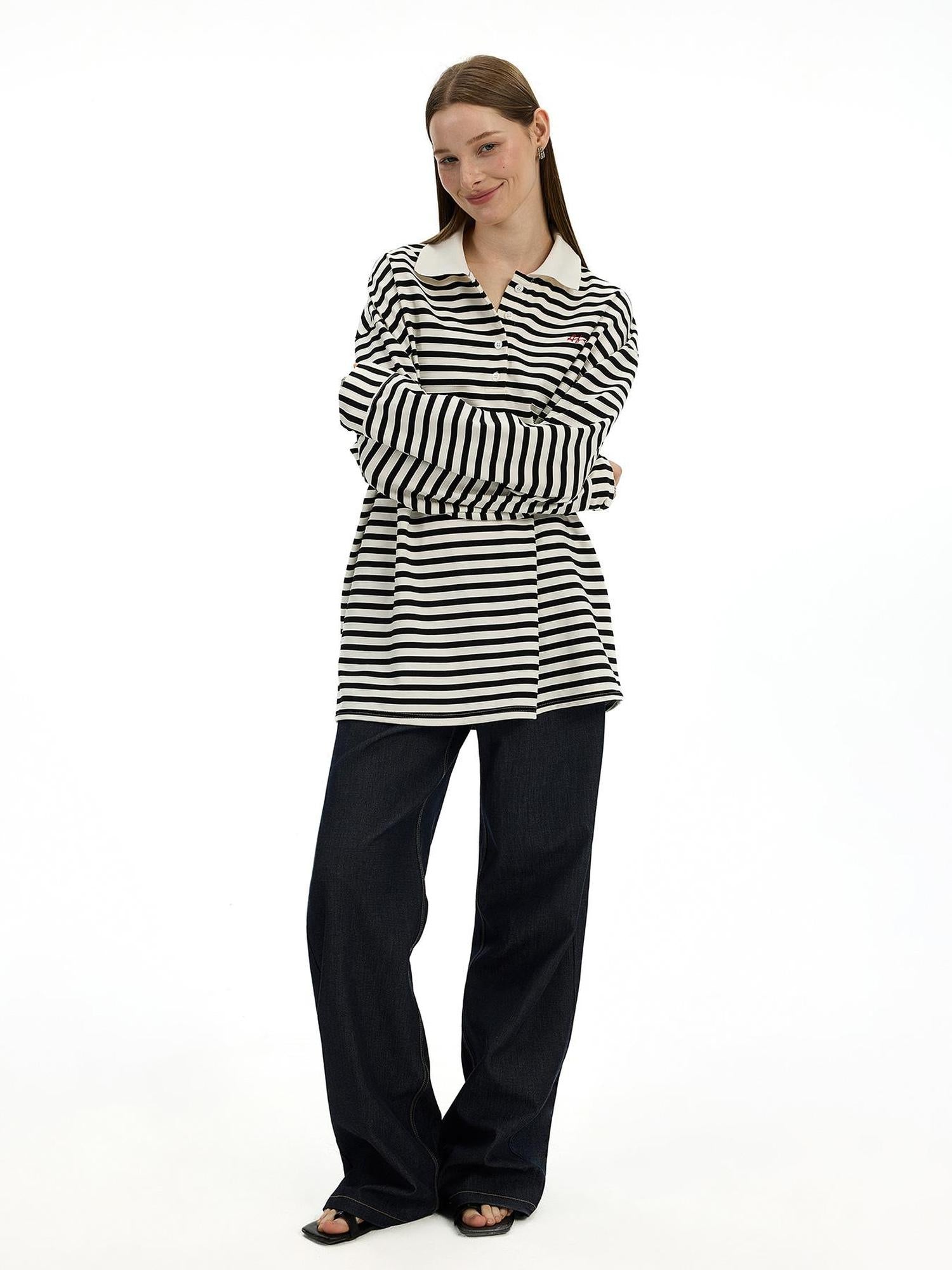 AFTADAWN Textured Stripe Notch Neck Drop Shoulder Oversized Tee