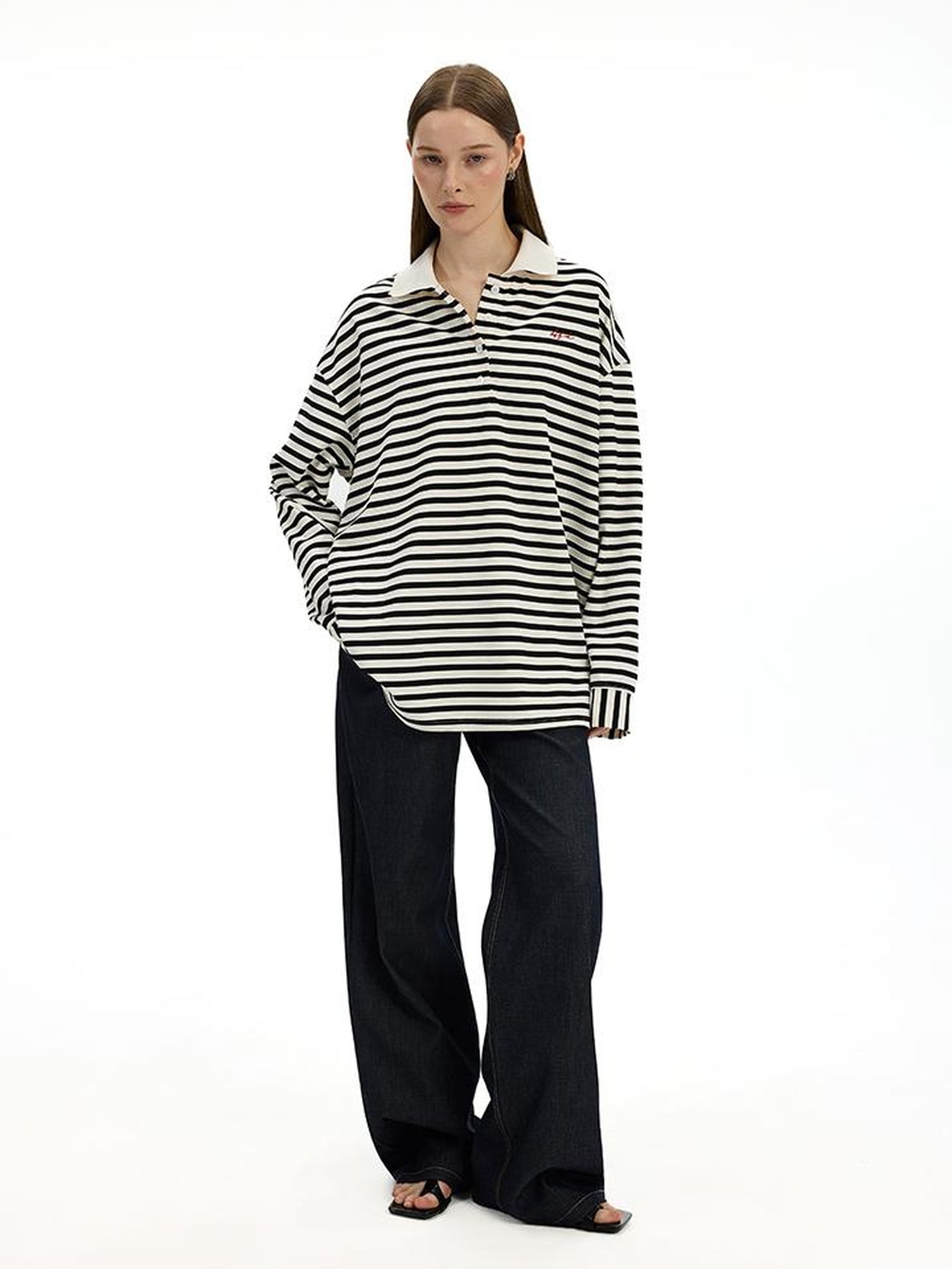 AFTADAWN Textured Stripe Notch Neck Drop Shoulder Oversized Tee