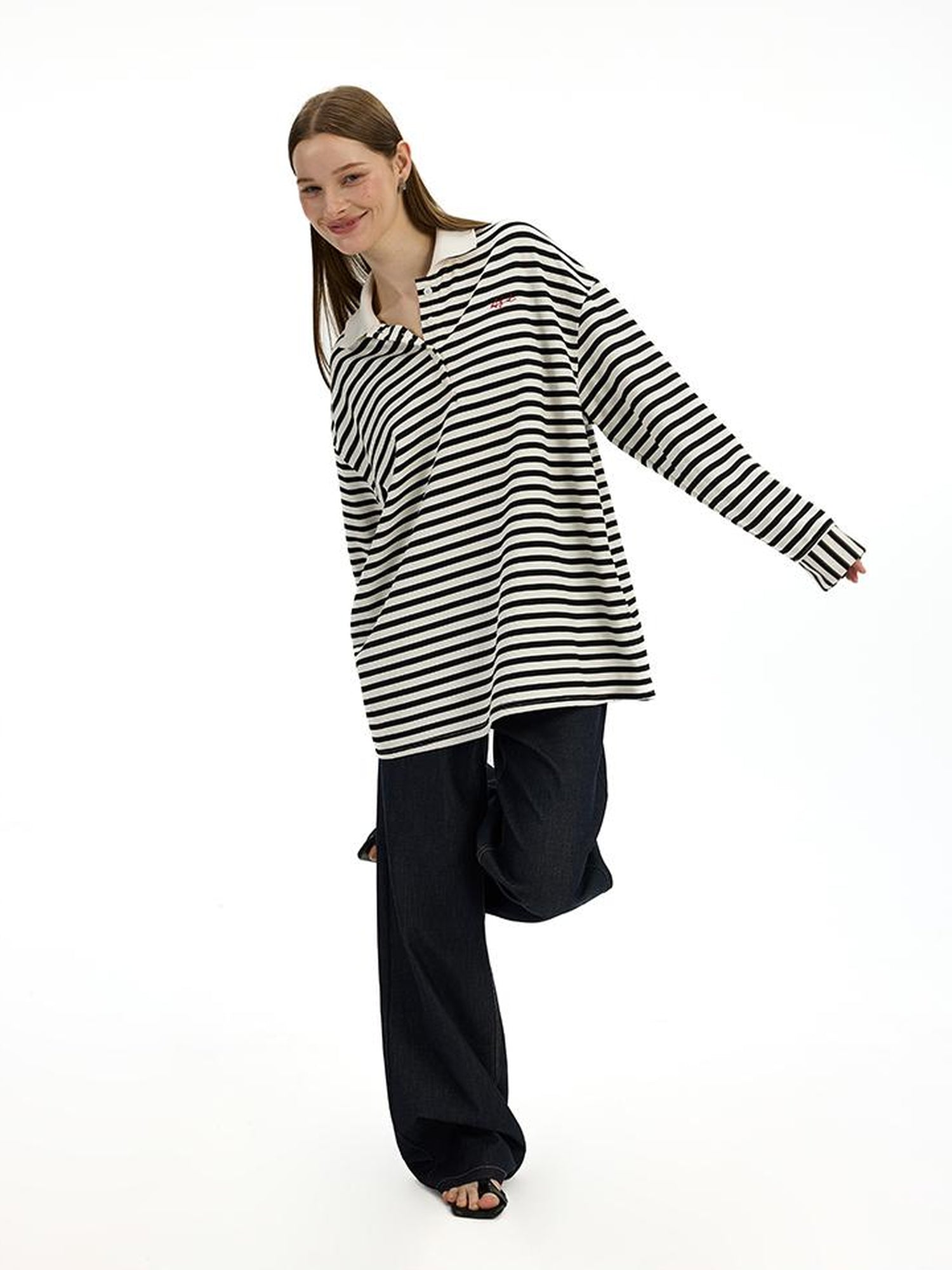 AFTADAWN Textured Stripe Notch Neck Drop Shoulder Oversized Tee