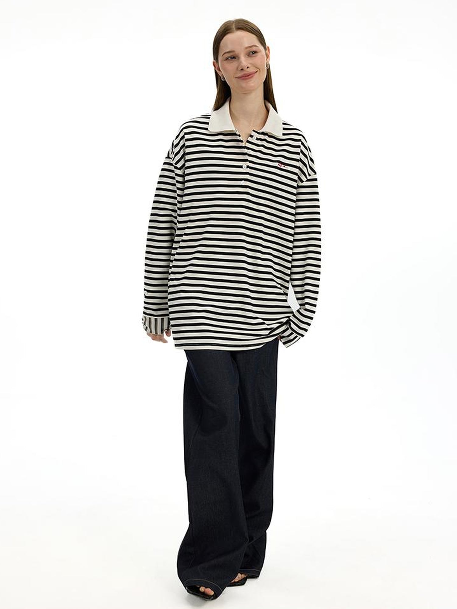 AFTADAWN Textured Stripe Notch Neck Drop Shoulder Oversized Tee