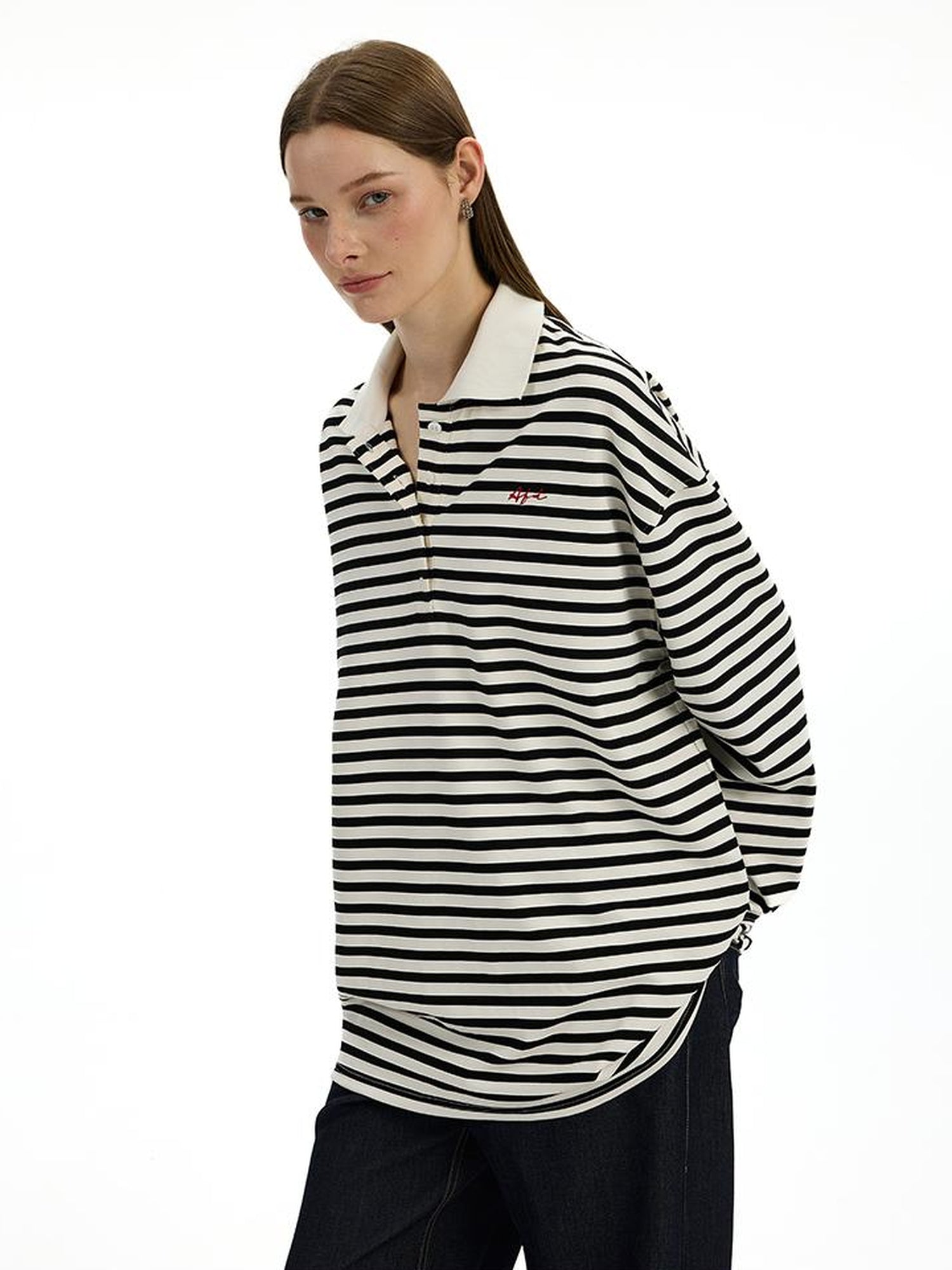 AFTADAWN Textured Stripe Notch Neck Drop Shoulder Oversized Tee