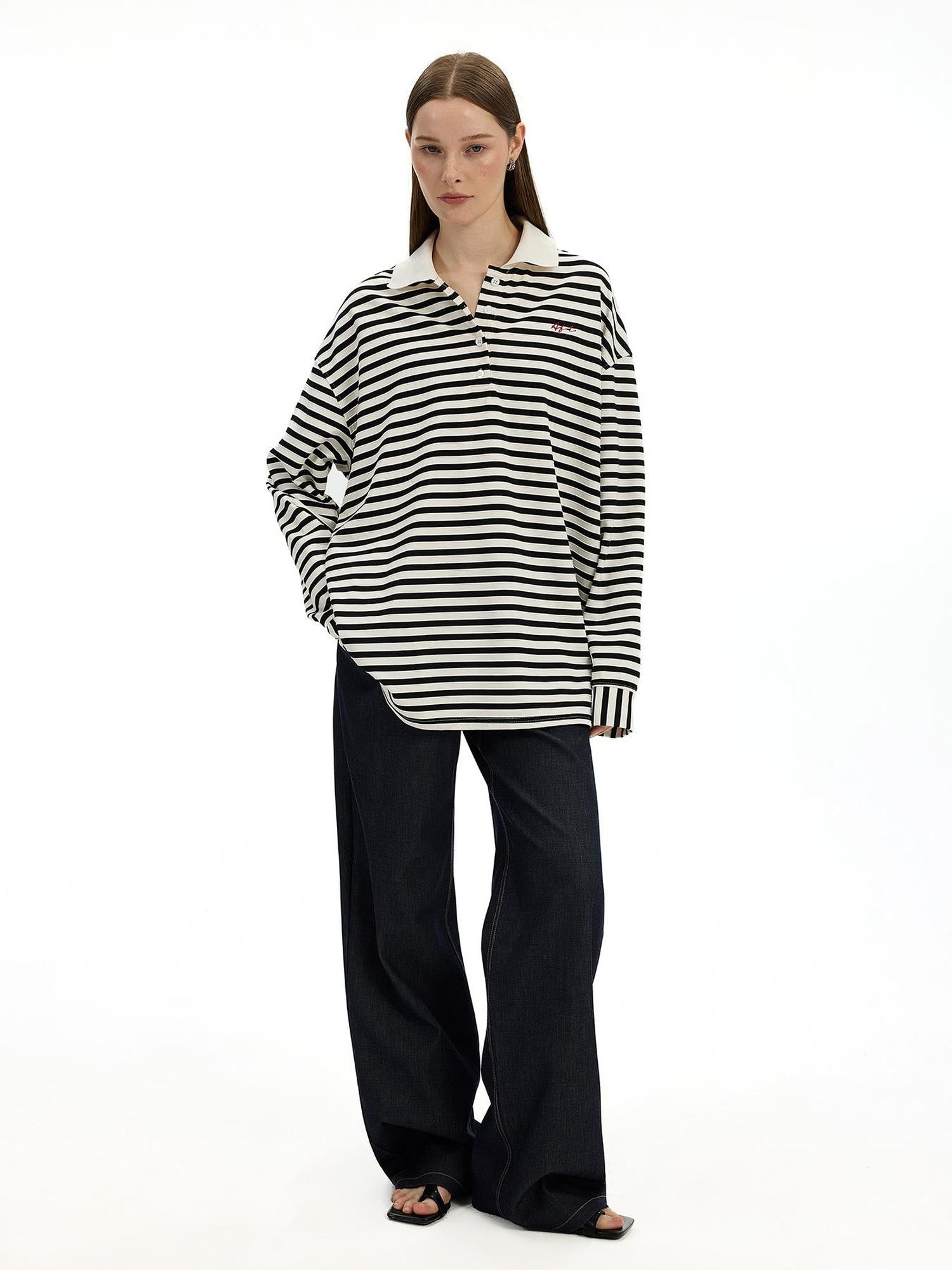 AFTADAWN Textured Stripe Notch Neck Drop Shoulder Oversized Tee