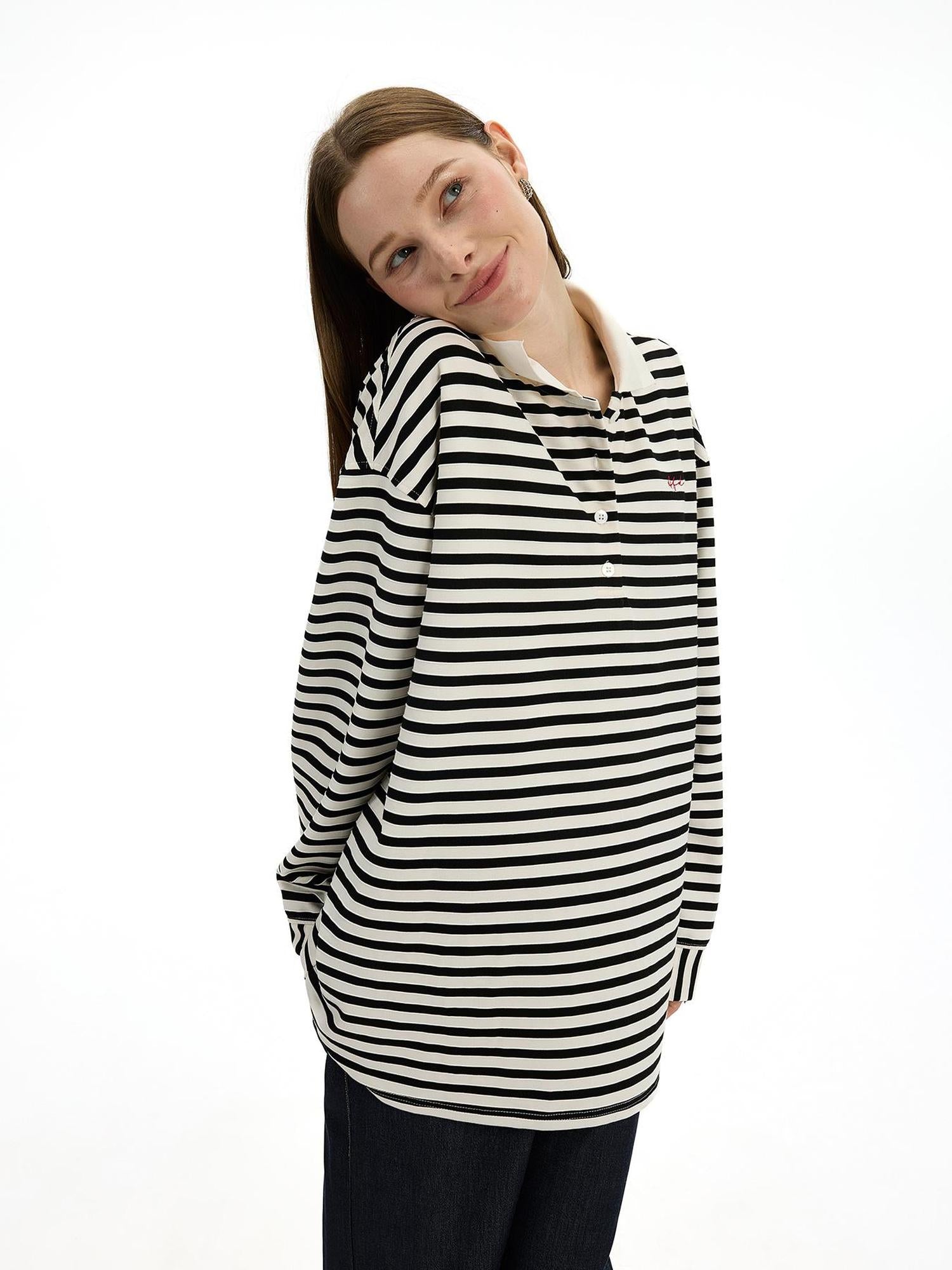 AFTADAWN Textured Stripe Notch Neck Drop Shoulder Oversized Tee