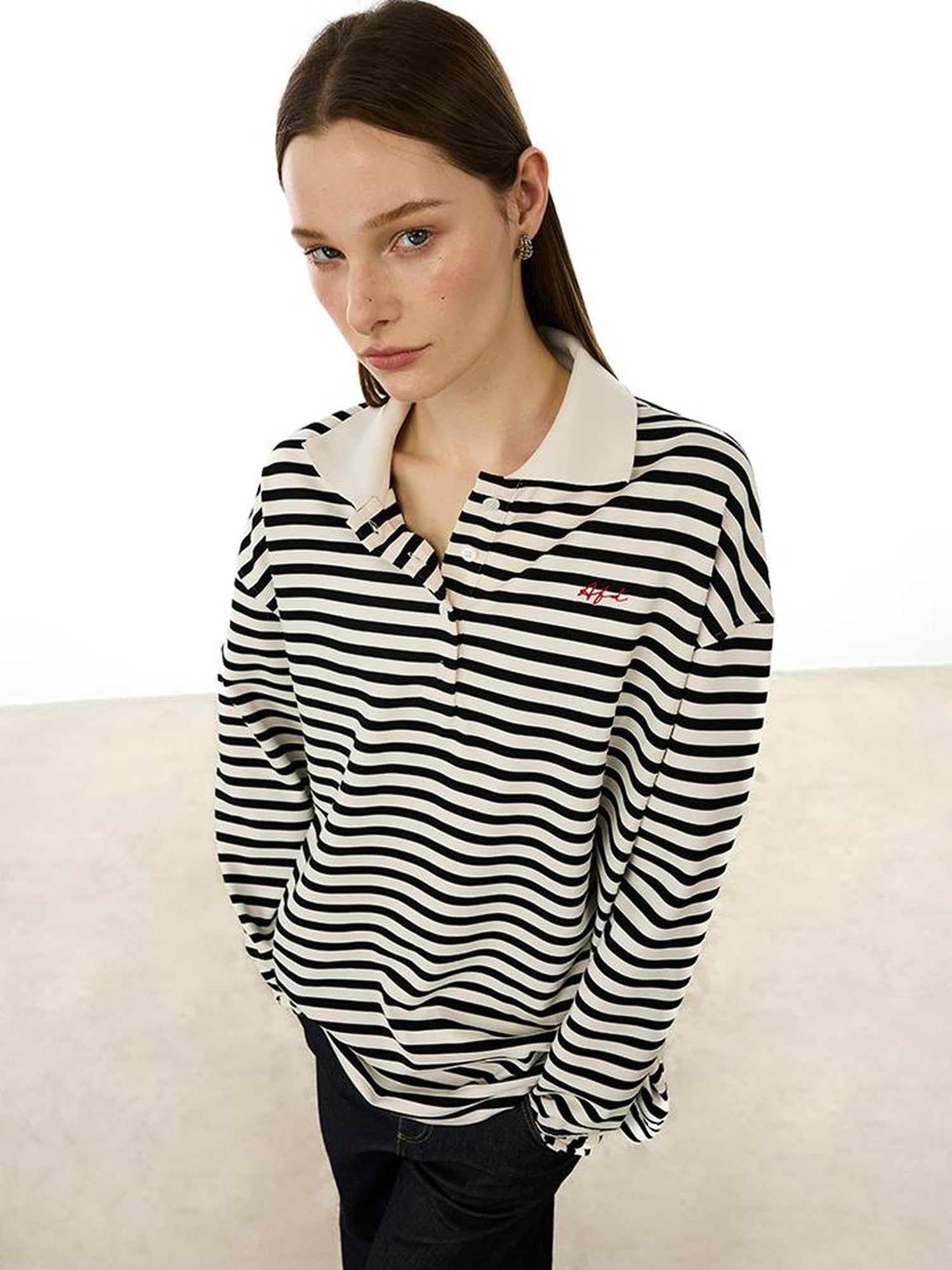 AFTADAWN Textured Stripe Notch Neck Drop Shoulder Oversized Tee