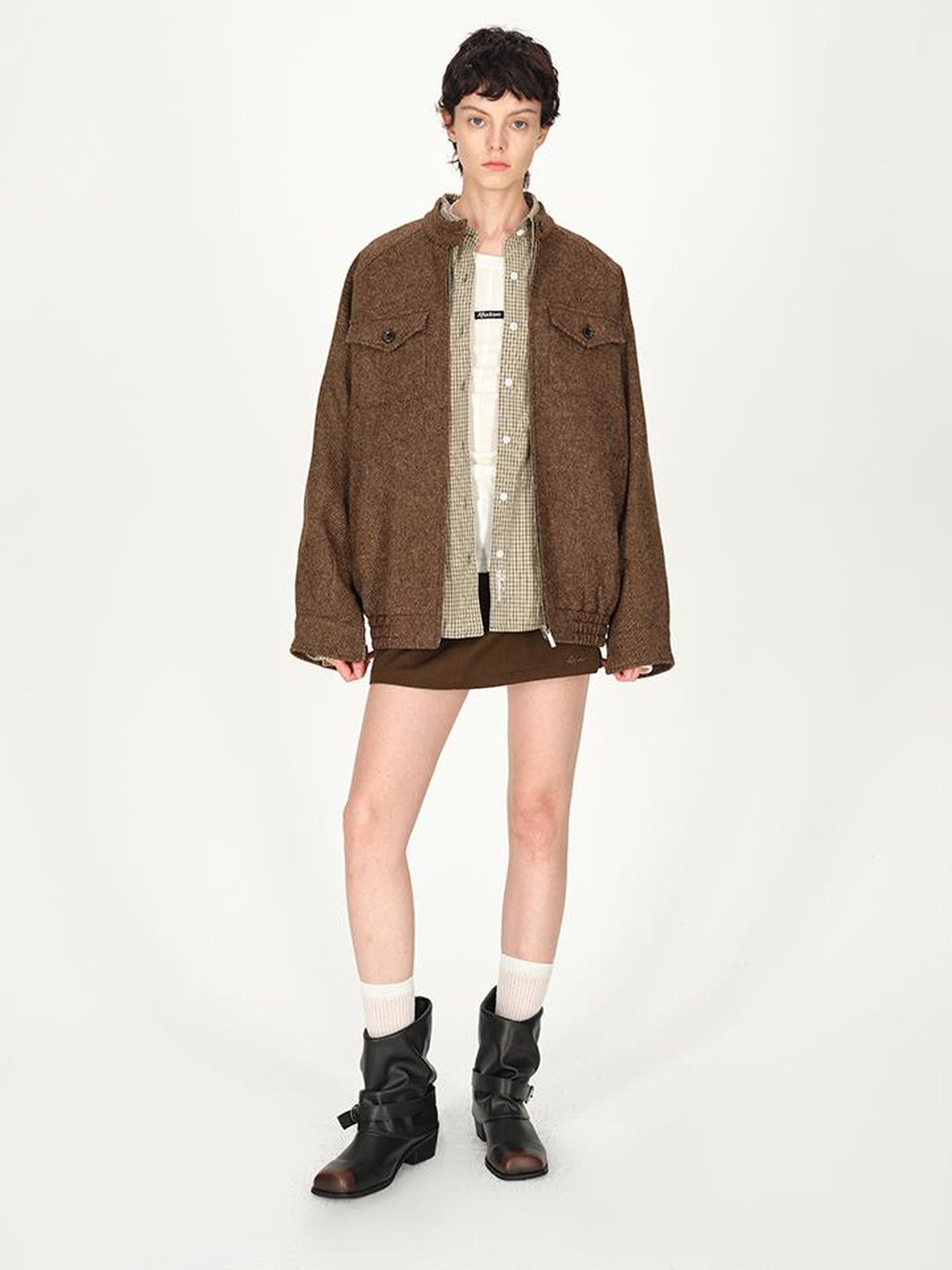 AFTADAWN Textured Tweed Stand Collar Zip Jacket Warm Wool Coat
