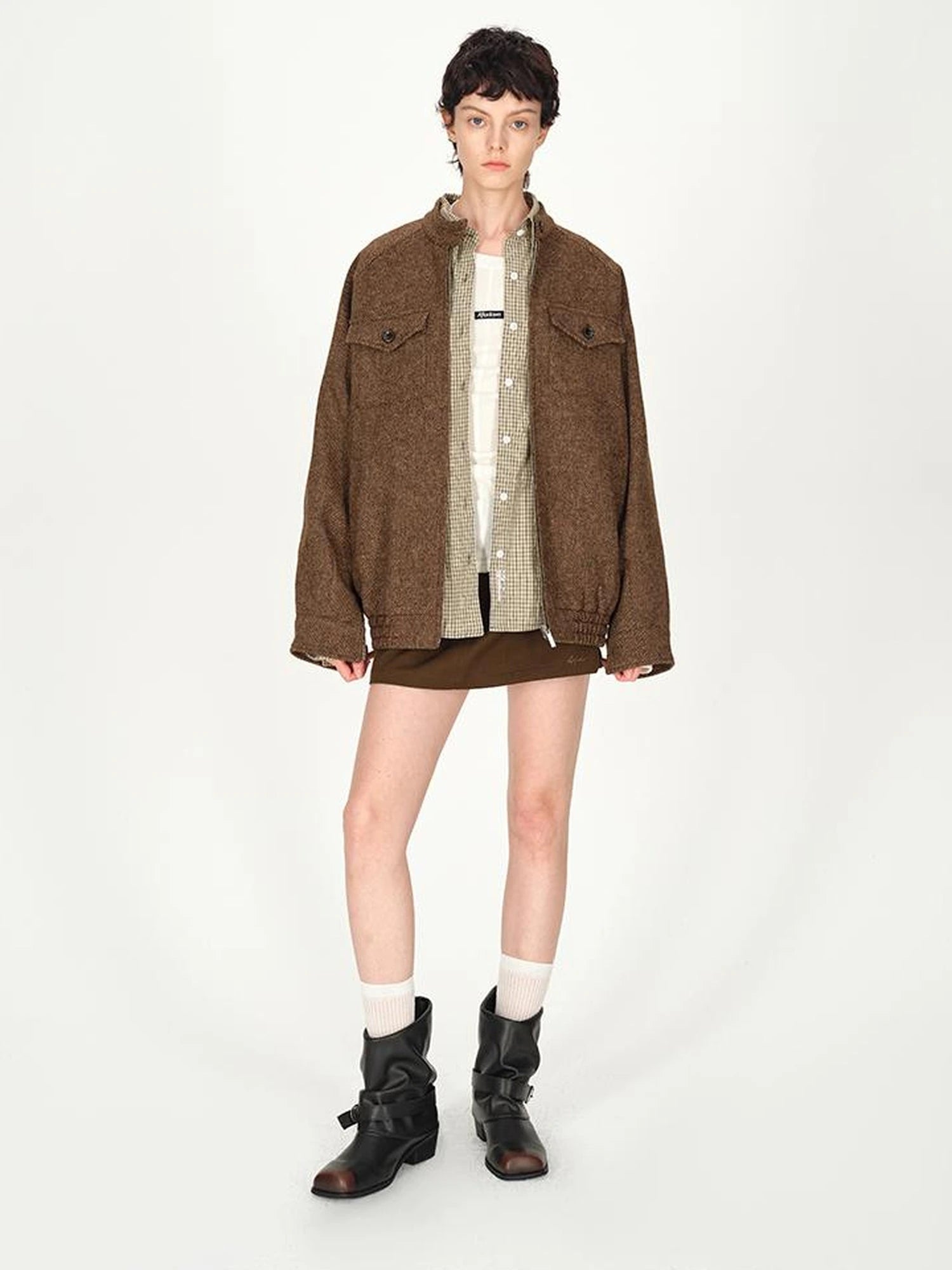 Textured Tweed Stand Collar Zip Jacket Warm Wool Coat